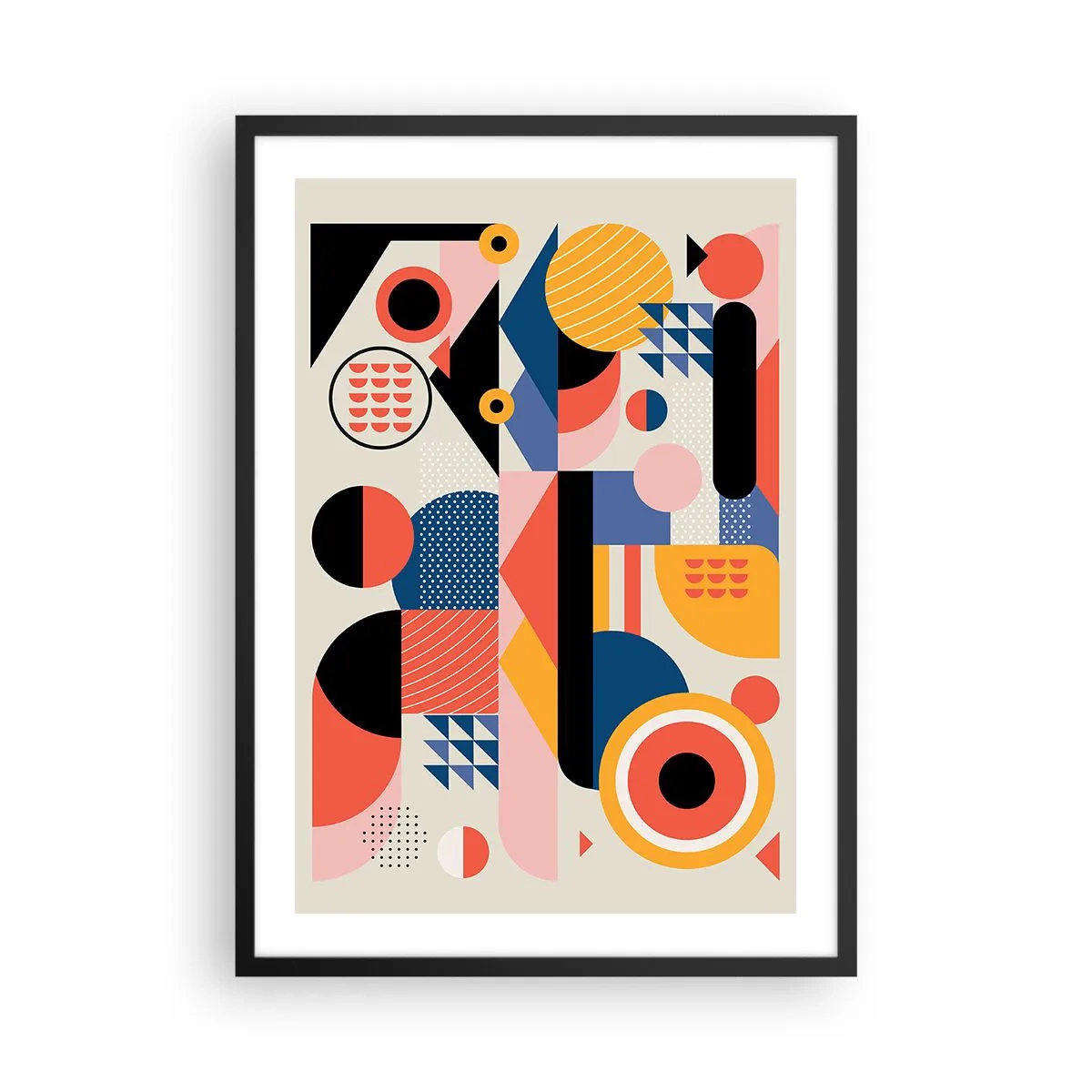 Poster in einem schwarzem Rahmen - Bunte geometrische Abstraktion mit dynamischen Formen - 50x70cm - Komposition: Na, los, spiel! - Moderne Wanddekoration für Wohnzimmer und Schlafzimmer ARTTOR
