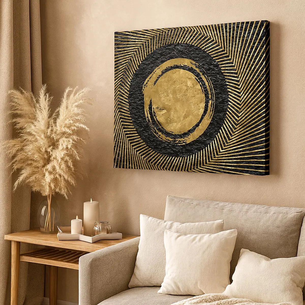 Bild auf Leinwand - Leinwandbild - Geometrische Komposition in Schwarz und Gold mit Strahlen - 70x50cm - Glamour-Komposition - Moderne Wanddekoration für Wohnzimmer und Schlafzimmer ARTTOR