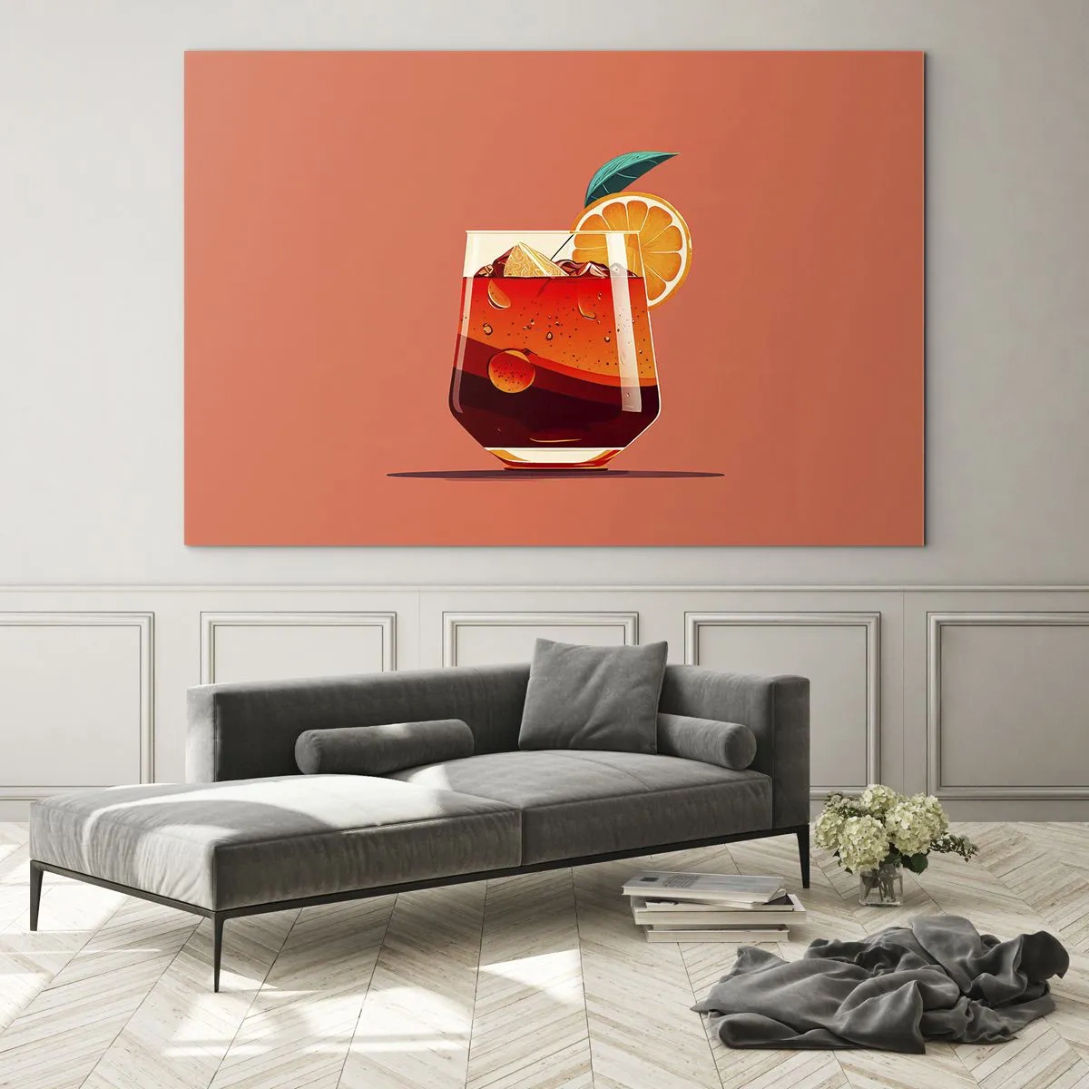 Glasbild - Bild auf glas - Ein farbenfrohes Getränk mit Orange auf einem warmen Pfirsichhintergrund - 70x50cm - Sommerliche Erfrischung - Moderne Wanddekoration für Wohnzimmer und Schlafzimmer ARTTOR