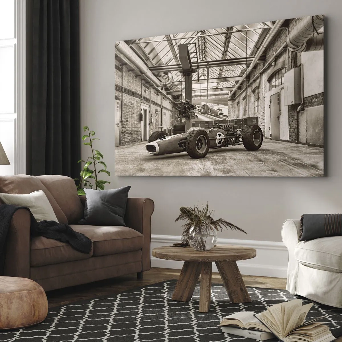 Bild auf Leinwand - Leinwandbild - Schwarz-weißer Rennwagen in einem industriellen Interieur - 70x50cm - Die Siegerruhe - Moderne Wanddekoration für Wohnzimmer und Schlafzimmer ARTTOR