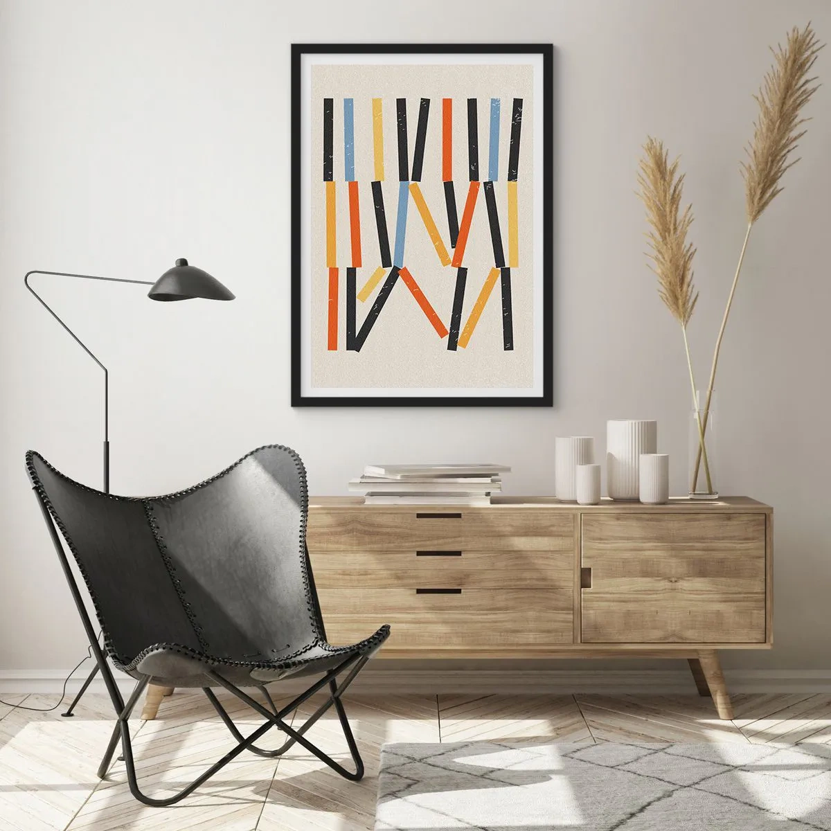 Poster in einem schwarzem Rahmen - Bunte geometrische Abstraktion mit vertikalen Linien - 50x70cm - Komposition auf der Ebene - Moderne Wanddekoration für Wohnzimmer und Schlafzimmer ARTTOR