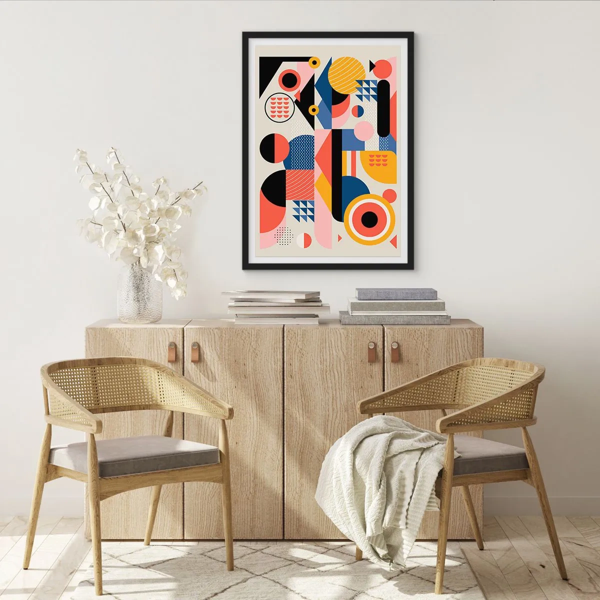 Poster in einem schwarzem Rahmen - Bunte geometrische Abstraktion mit dynamischen Formen - 50x70cm - Komposition: Na, los, spiel! - Moderne Wanddekoration für Wohnzimmer und Schlafzimmer ARTTOR