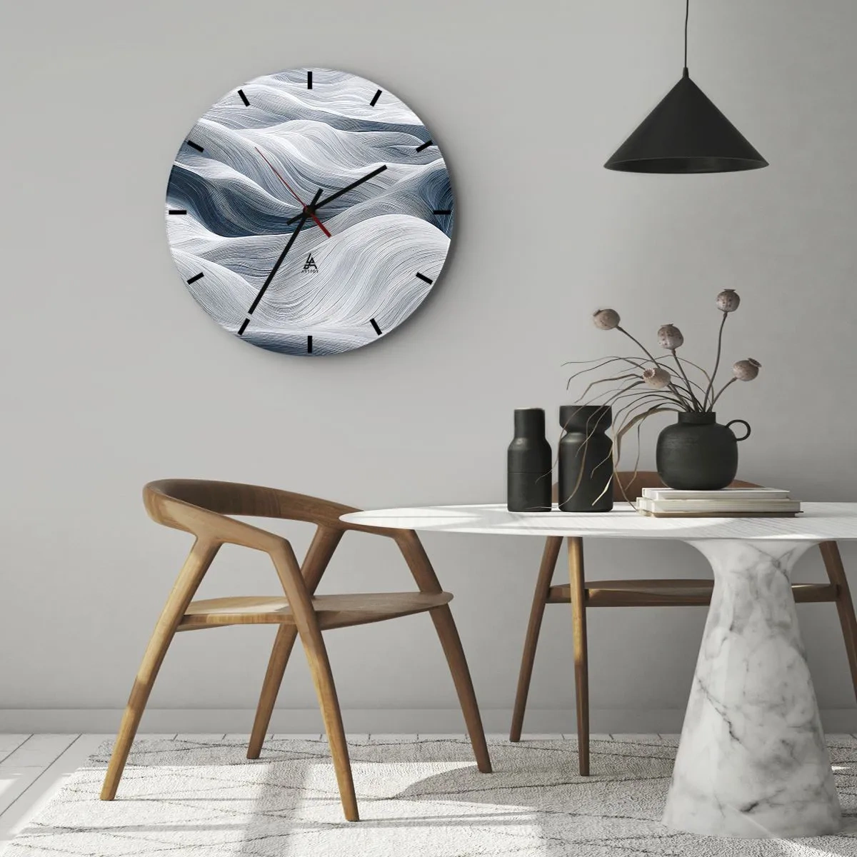 Wanduhr - Glasuhr - Grafische, geschwungene Linien in Weiß- und Blautönen - 30x30cm - Weiße und blaue Wellen - Moderne Wanddekoration für Wohnzimmer, Küche und Schlafzimmer ARTTOR