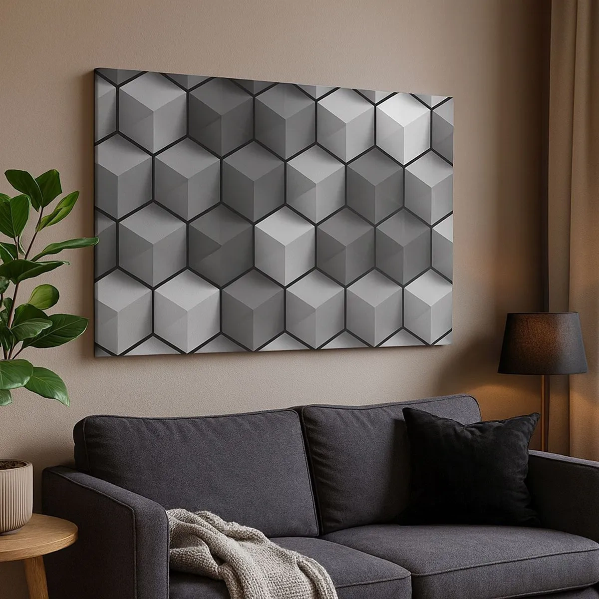 Bild auf Leinwand - Leinwandbild - Geometrische Komposition aus Würfeln in Grau- und Schwarztönen - 70x50cm - Kubistisches Puzzle - Moderne Wanddekoration für Wohnzimmer und Schlafzimmer ARTTOR