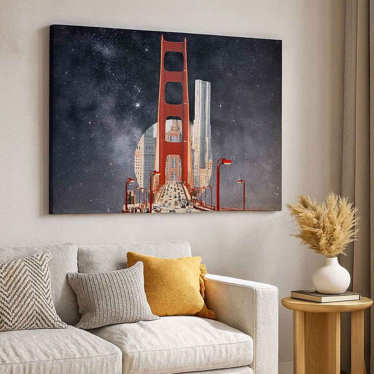 Bild auf Leinwand - Leinwandbild - Die Golden Gate Bridge mit der Stadt im Hintergrund vor einem Sternenhimmel - 70x50cm - Immer im Mittelpunkt - Moderne Wanddekoration für Wohnzimmer und Schlafzimmer ARTTOR
