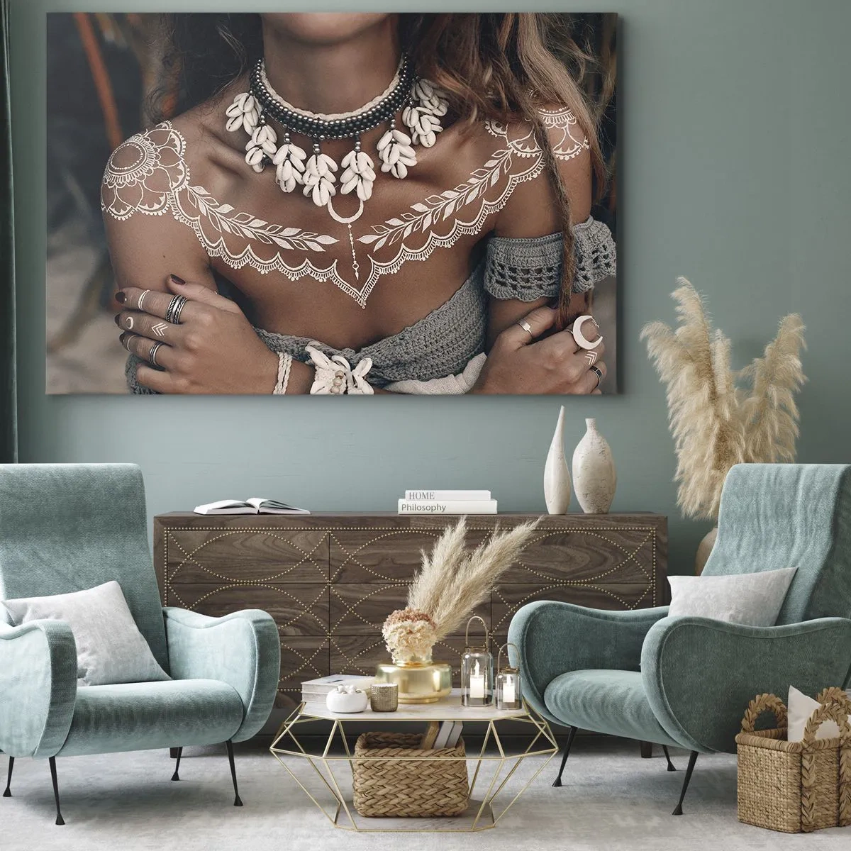 Bild auf Leinwand - Leinwandbild - Boho-Style mit Muschelschmuck und Lochmuster - 70x50cm - Talismane, Rituale der Weiblichkeit - Moderne Wanddekoration für Wohnzimmer und Schlafzimmer ARTTOR