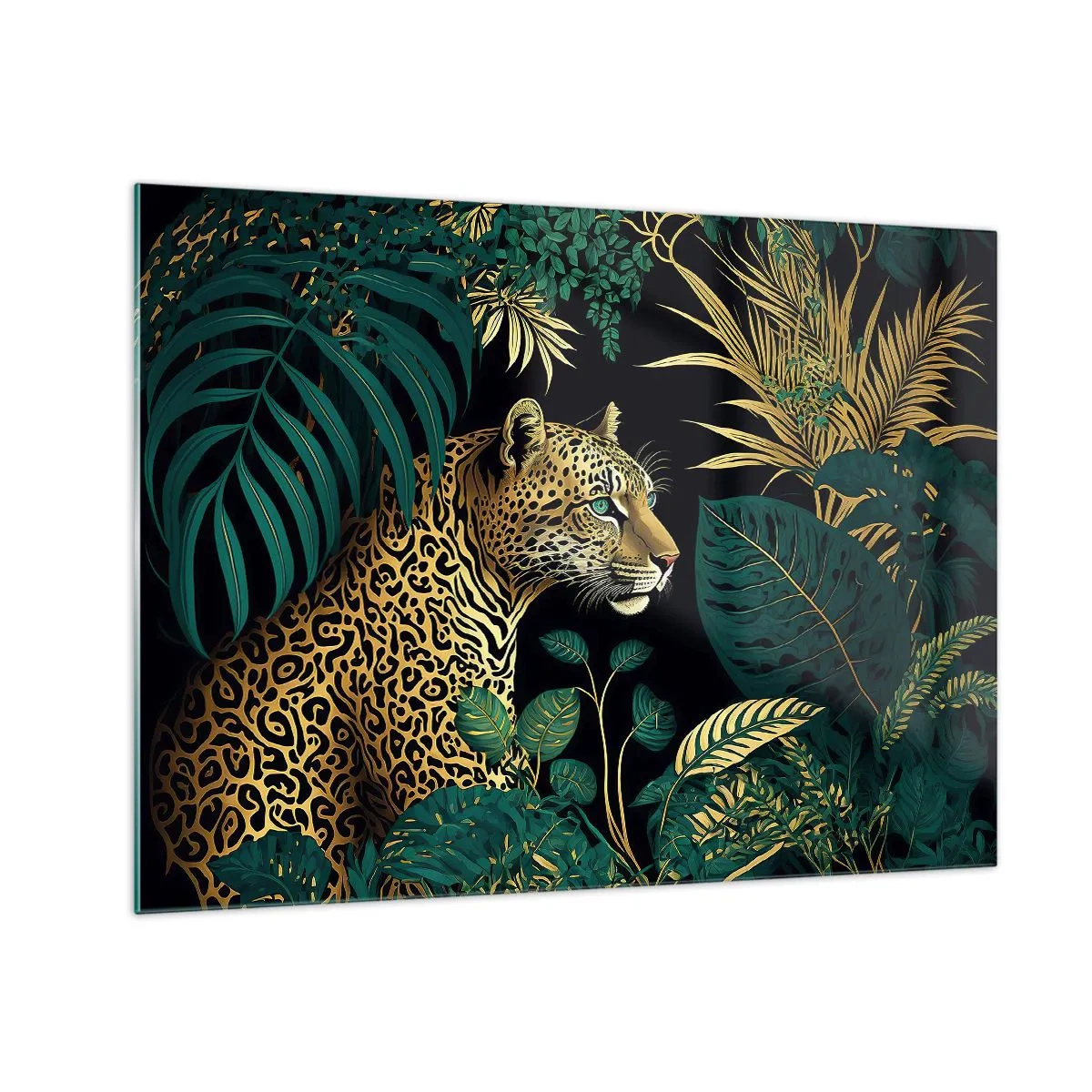 Glasbild - Bild auf glas - Ein Leopard zwischen tropischen Blättern auf dunklem Hintergrund - 70x50cm - Gastgeber im Dschungel - Moderne Wanddekoration für Wohnzimmer und Schlafzimmer ARTTOR