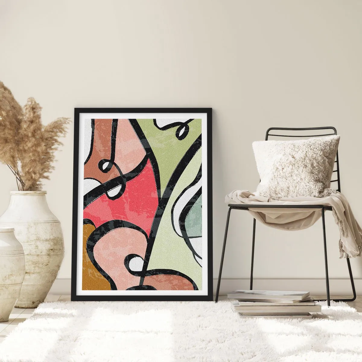 Poster in einem schwarzem Rahmen - Bunte Abstraktion mit schwarzen Umrissen - 50x70cm - Pirouetten unter Farben - Moderne Wanddekoration für Wohnzimmer und Schlafzimmer ARTTOR