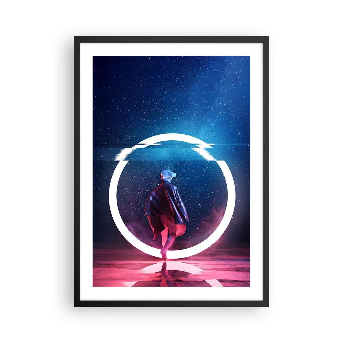 Poster in einem schwarzem Rahmen - Eine Figur in futuristischem Outfit und VR-Brille vor dem Hintergrund eines Lichtkreises - 50x70cm - Zwischen den Welten - Moderne Wanddekoration für Wohnzimmer und Schlafzimmer ARTTOR