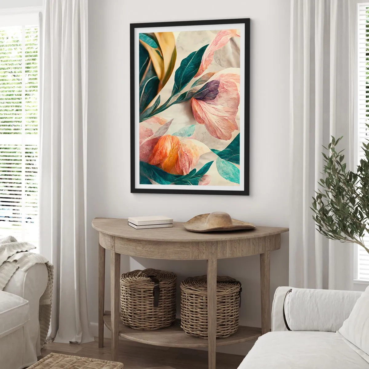 Poster in einem schwarzem Rahmen - Bunte Blumen und Blätter in einer künstlerischen Komposition - 50x70cm - Blumen der südlichen Inseln - Moderne Wanddekoration für Wohnzimmer und Schlafzimmer ARTTOR