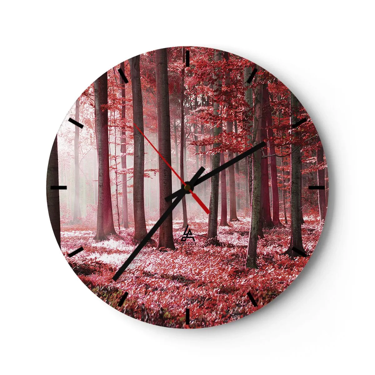 Wanduhr - Glasuhr - Ein malerischer Wald in Rottönen im Morgenlicht - 30x30cm - Rot ist genauso schön - Moderne Wanddekoration für Wohnzimmer, Küche und Schlafzimmer ARTTOR