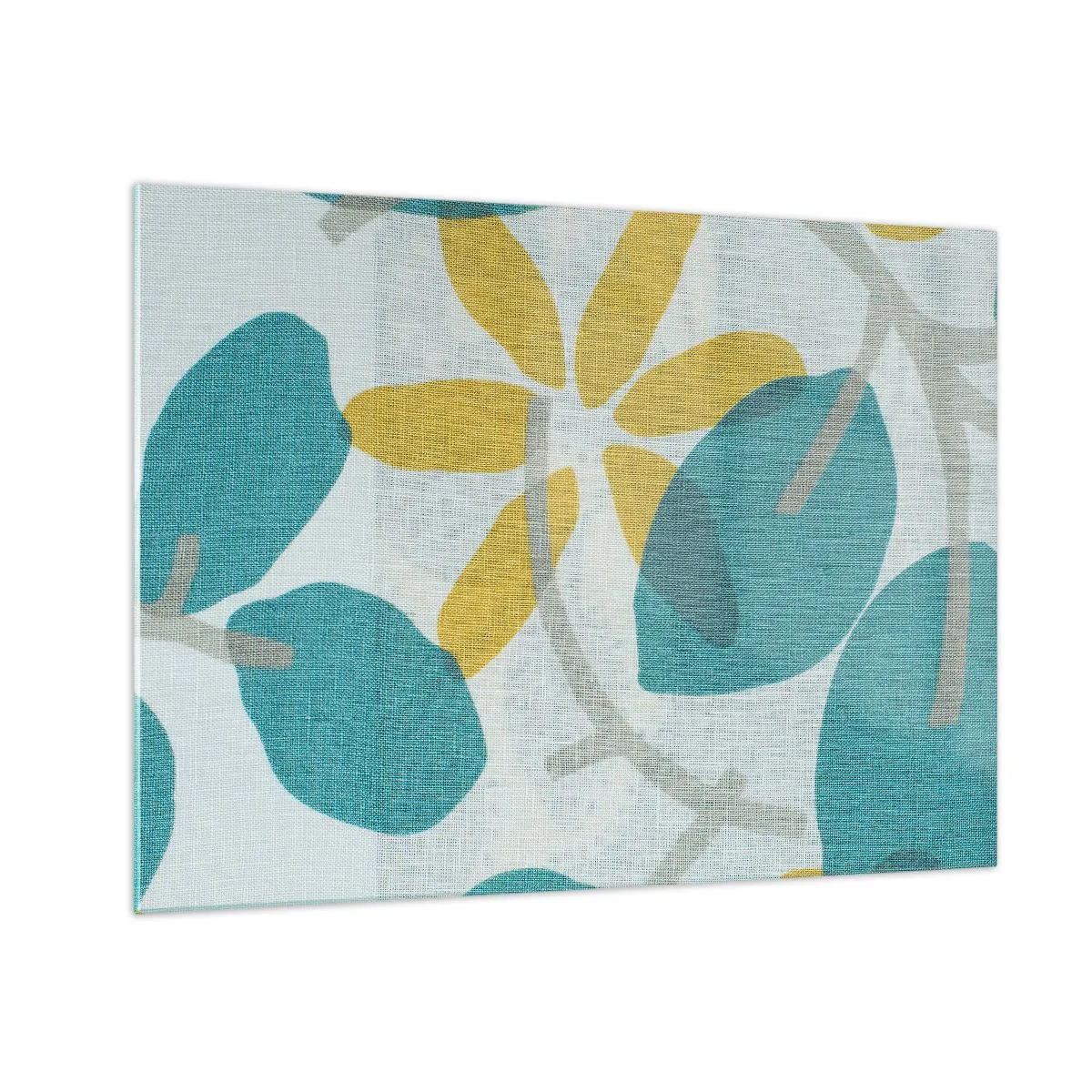 Glasbild - Bild auf glas - Eine Pflanzengrafik mit azurblauen Blättern und gelben Blüten - 70x50cm - Unter den azurblauen Blättern - Moderne Wanddekoration für Wohnzimmer und Schlafzimmer ARTTOR