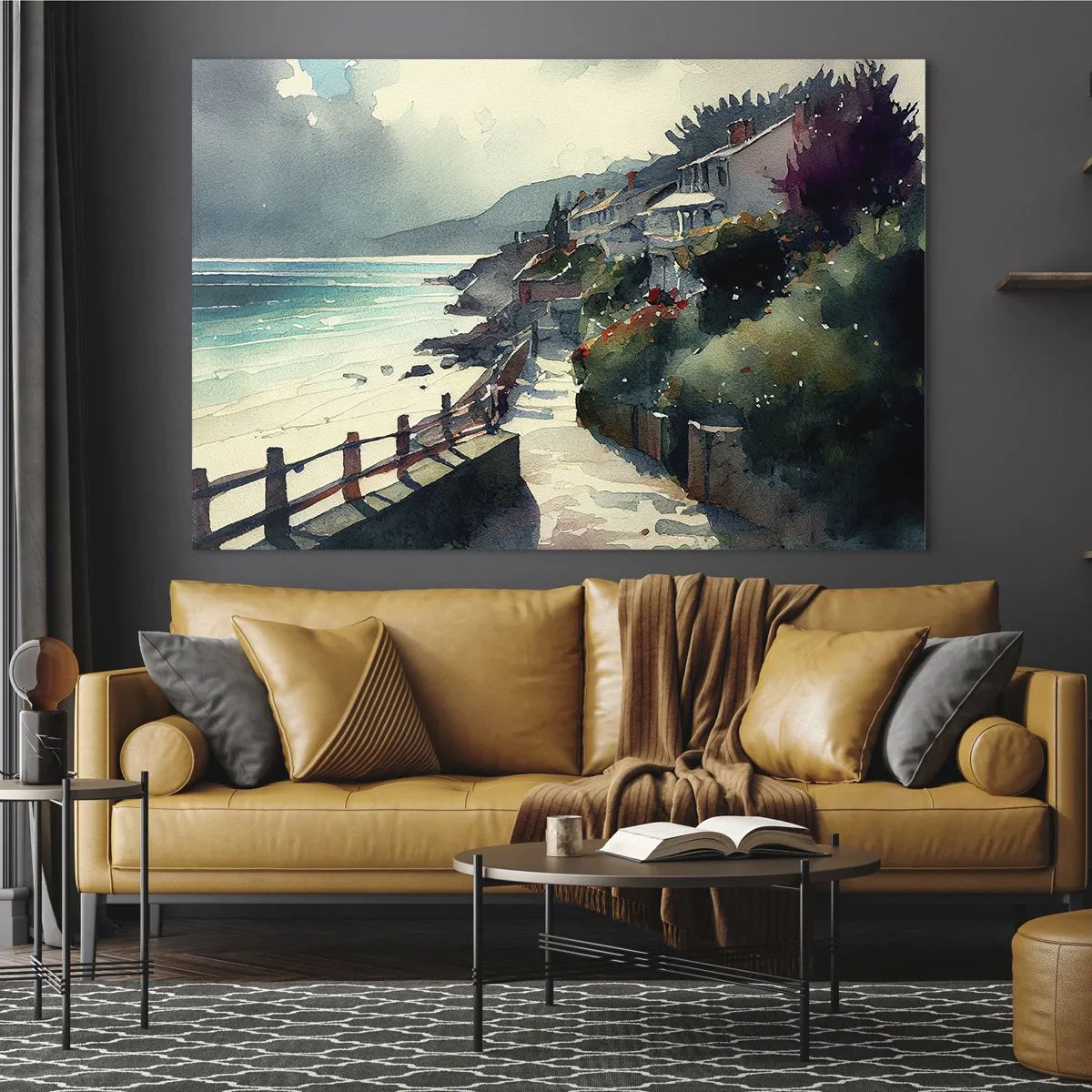 Glasbild - Bild auf glas - Eine Strandpromenade mit bunten Häusern und Wasser - 70x50cm - Mittelmeerstadt - Moderne Wanddekoration für Wohnzimmer und Schlafzimmer ARTTOR