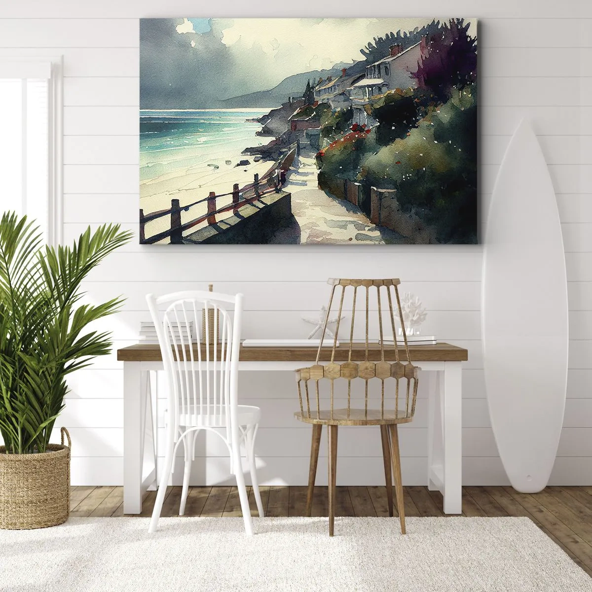 Bild auf Leinwand - Leinwandbild - Strandpromenade mit Häusern und Vegetation - 70x50cm - Mittelmeerstadt - Moderne Wanddekoration für Wohnzimmer und Schlafzimmer ARTTOR
