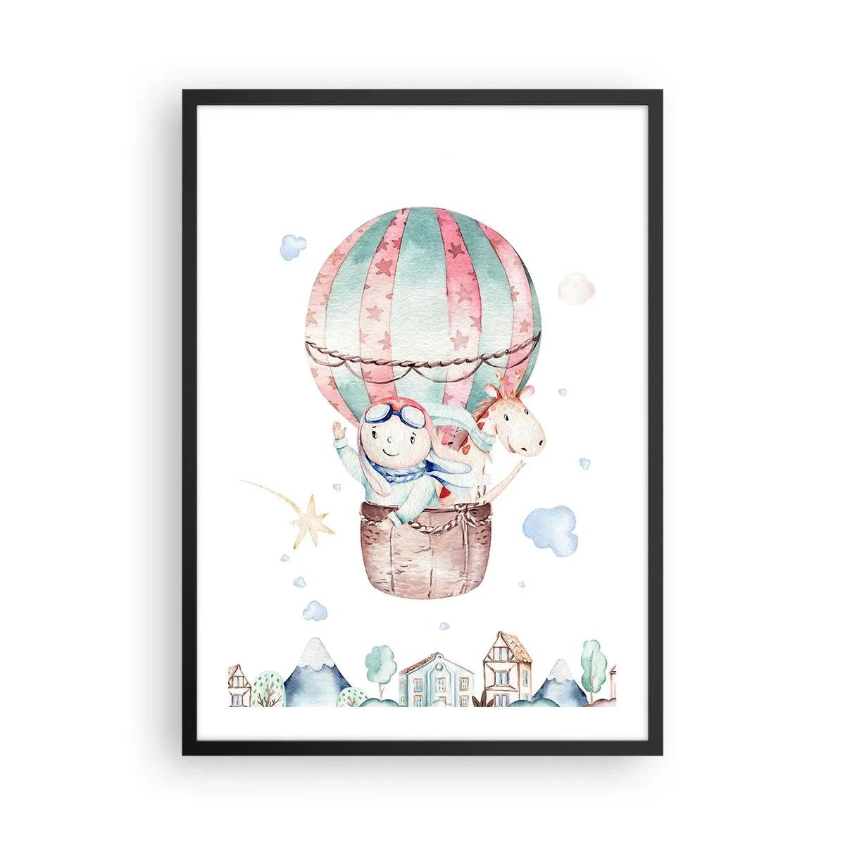 Poster in einem schwarzem Rahmen - Eine niedliche Illustration eines Teddybären, der in einem Ballon über einer Stadt fliegt - 50x70cm - Wir kommen bald zurück! - Moderne Wanddekoration für Wohnzimmer und Schlafzimmer ARTTOR
