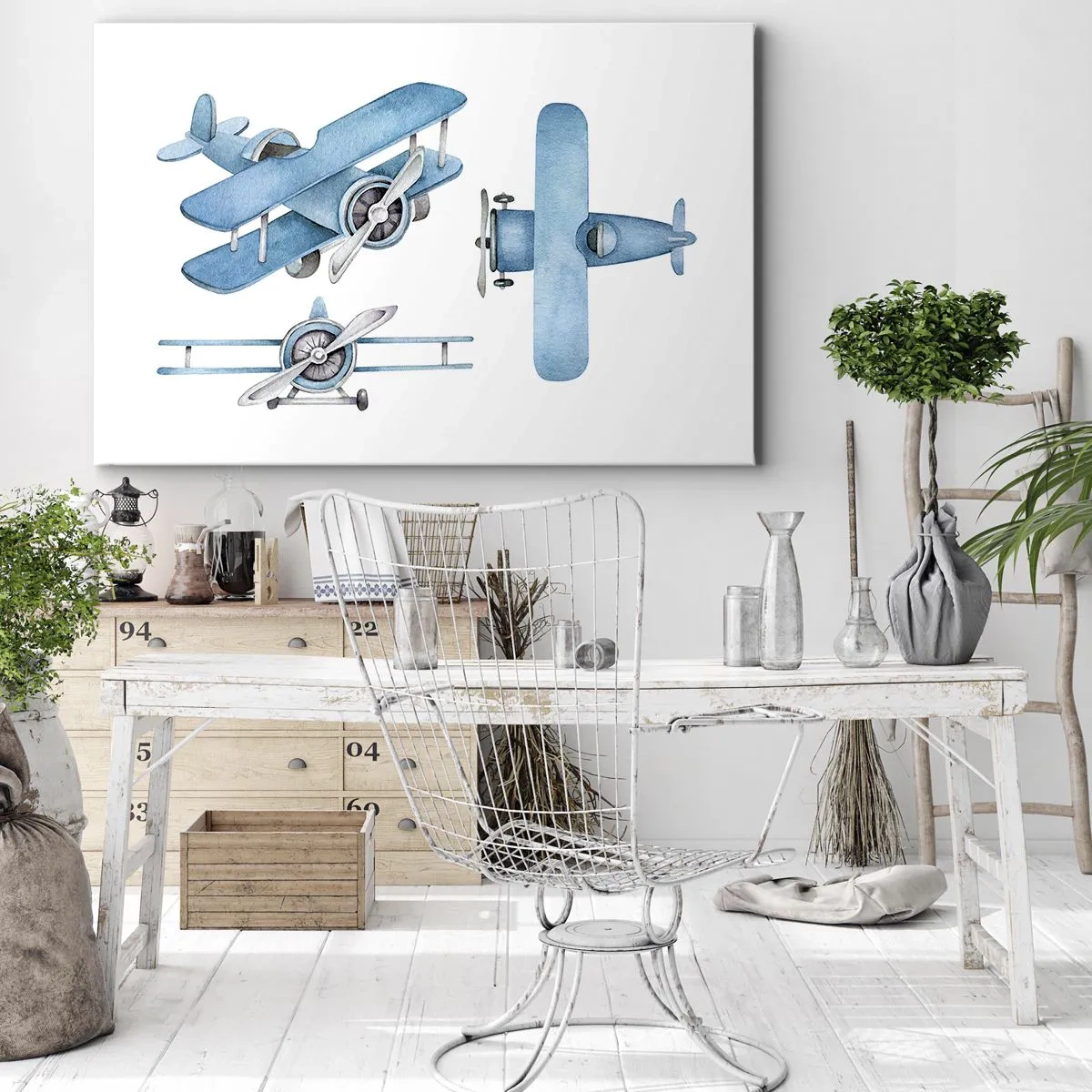 Bild auf Leinwand - Leinwandbild - Blaue Retro-Flugzeuge - 70x50cm - Geboren um zu gewinnen - Moderne Wanddekoration für Wohnzimmer und Schlafzimmer ARTTOR