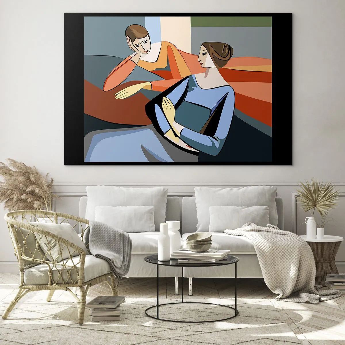 Glasbild - Bild auf glas - Eine geometrische Szene eines Gesprächs zwischen zwei Frauen vor dem Hintergrund eines Innenraums. - 70x50cm - Moment der Zuversicht - Moderne Wanddekoration für Wohnzimmer und Schlafzimmer ARTTOR