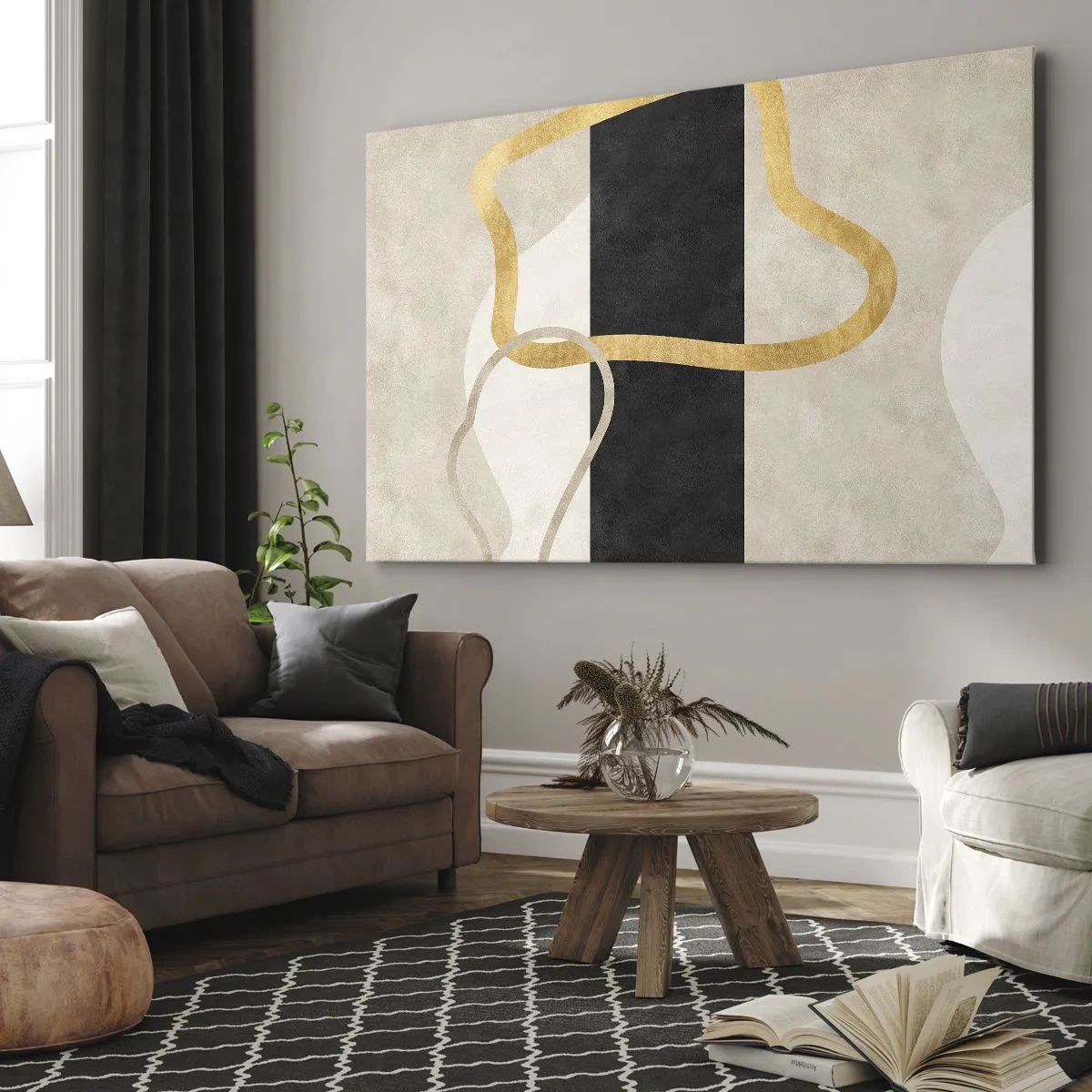 Bild auf Leinwand - Leinwandbild - Ein minimalistisches Design mit geschwungenen Formen in Gold und Schwarz. - 70x50cm - Schleifenformen - Moderne Wanddekoration für Wohnzimmer und Schlafzimmer ARTTOR