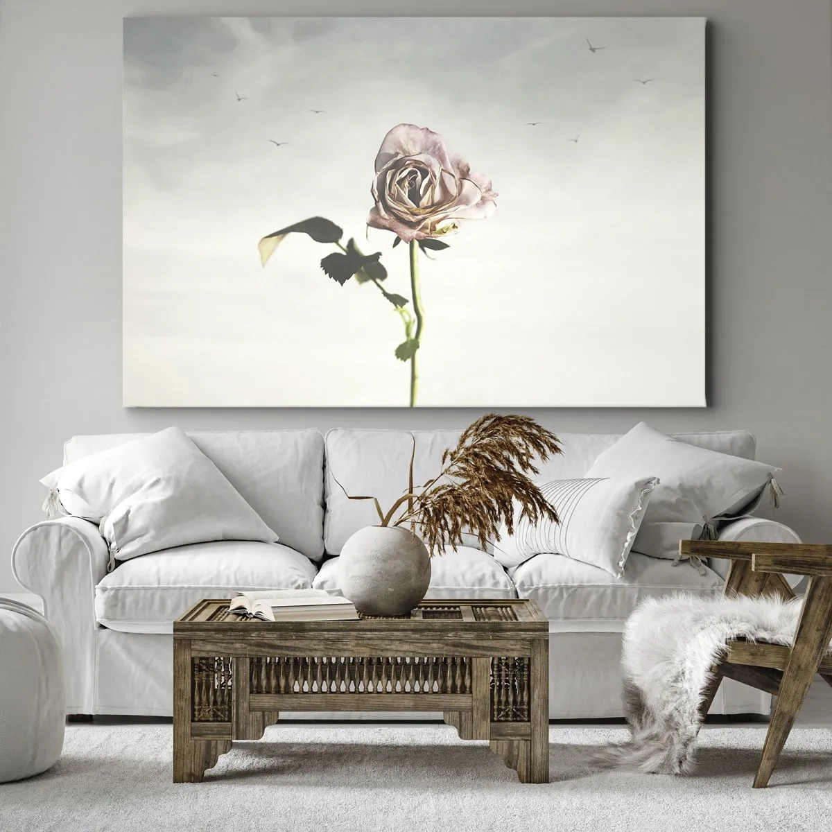 Bild auf Leinwand - Leinwandbild - Eine zarte Rose vor einem hellen Himmel mit fliegenden Vögeln - 70x50cm - Begrüßung des Frühlings - Moderne Wanddekoration für Wohnzimmer und Schlafzimmer ARTTOR