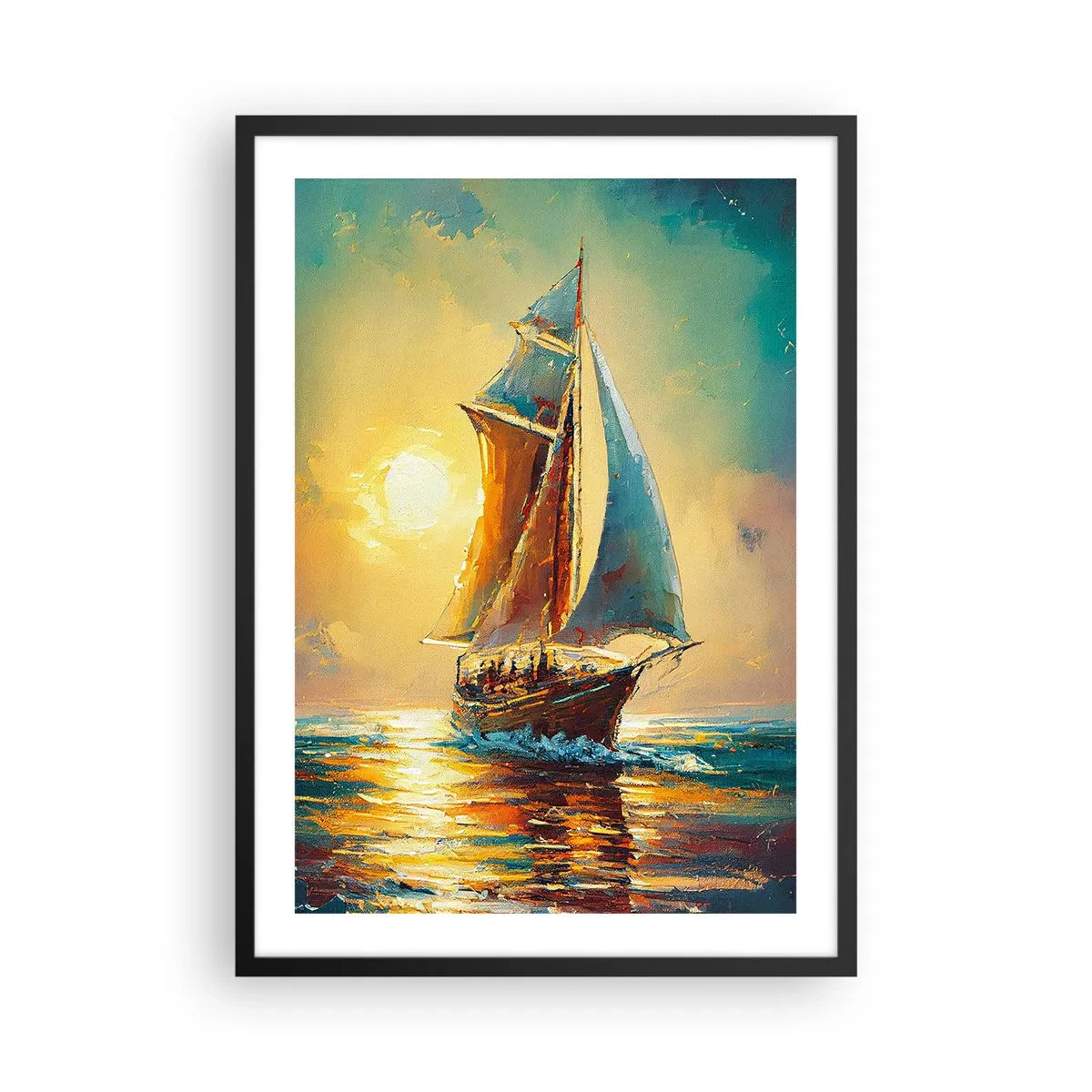 Poster in einem schwarzem Rahmen - Ein Segelschiff vor der Kulisse eines goldenen Sonnenuntergangs - 50x70cm - Unter vollem Segel - Moderne Wanddekoration für Wohnzimmer und Schlafzimmer ARTTOR
