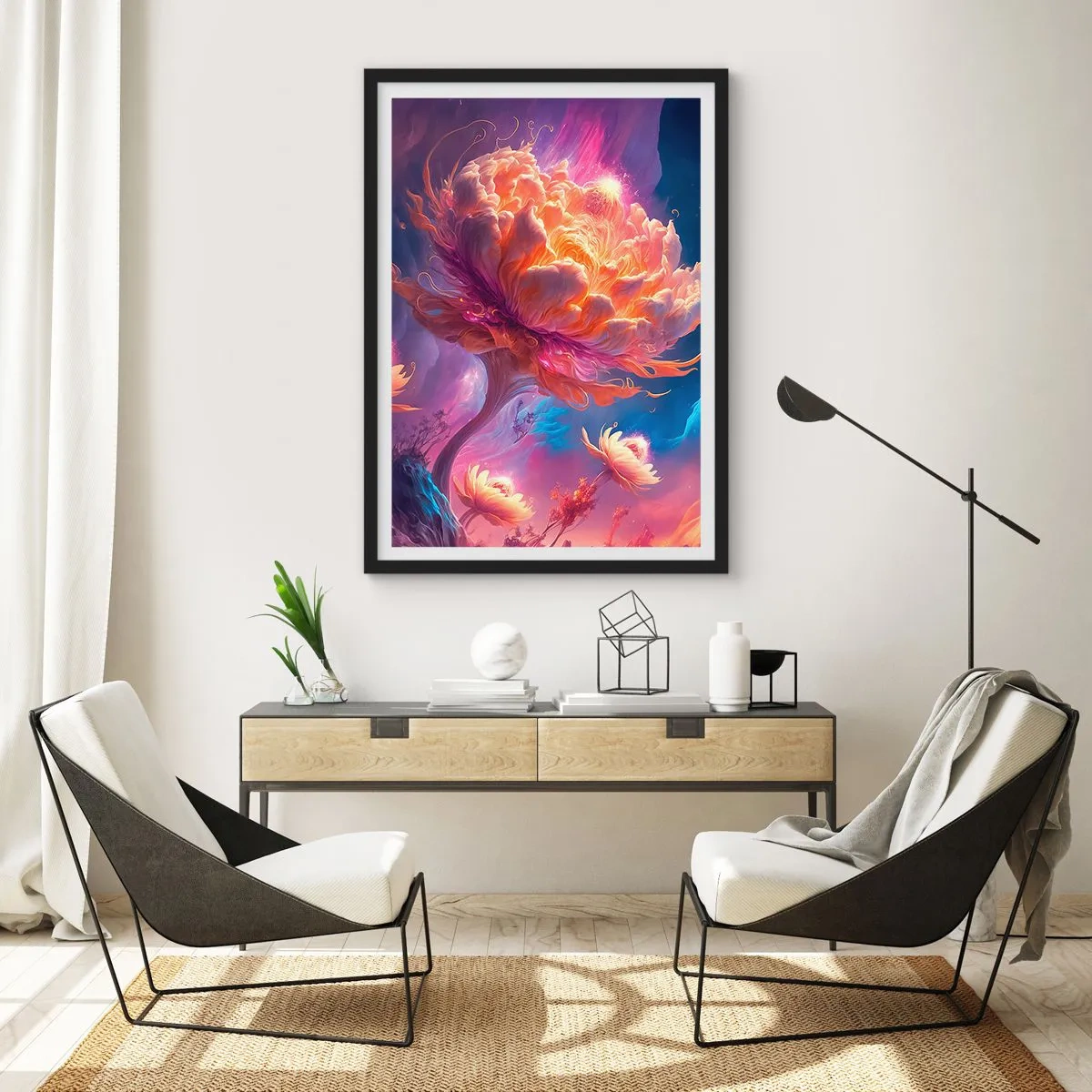 Poster in einem schwarzem Rahmen - Ein fantastischer Baum in Form einer blühenden Blume - 50x70cm - Andere Welt - Moderne Wanddekoration für Wohnzimmer und Schlafzimmer ARTTOR