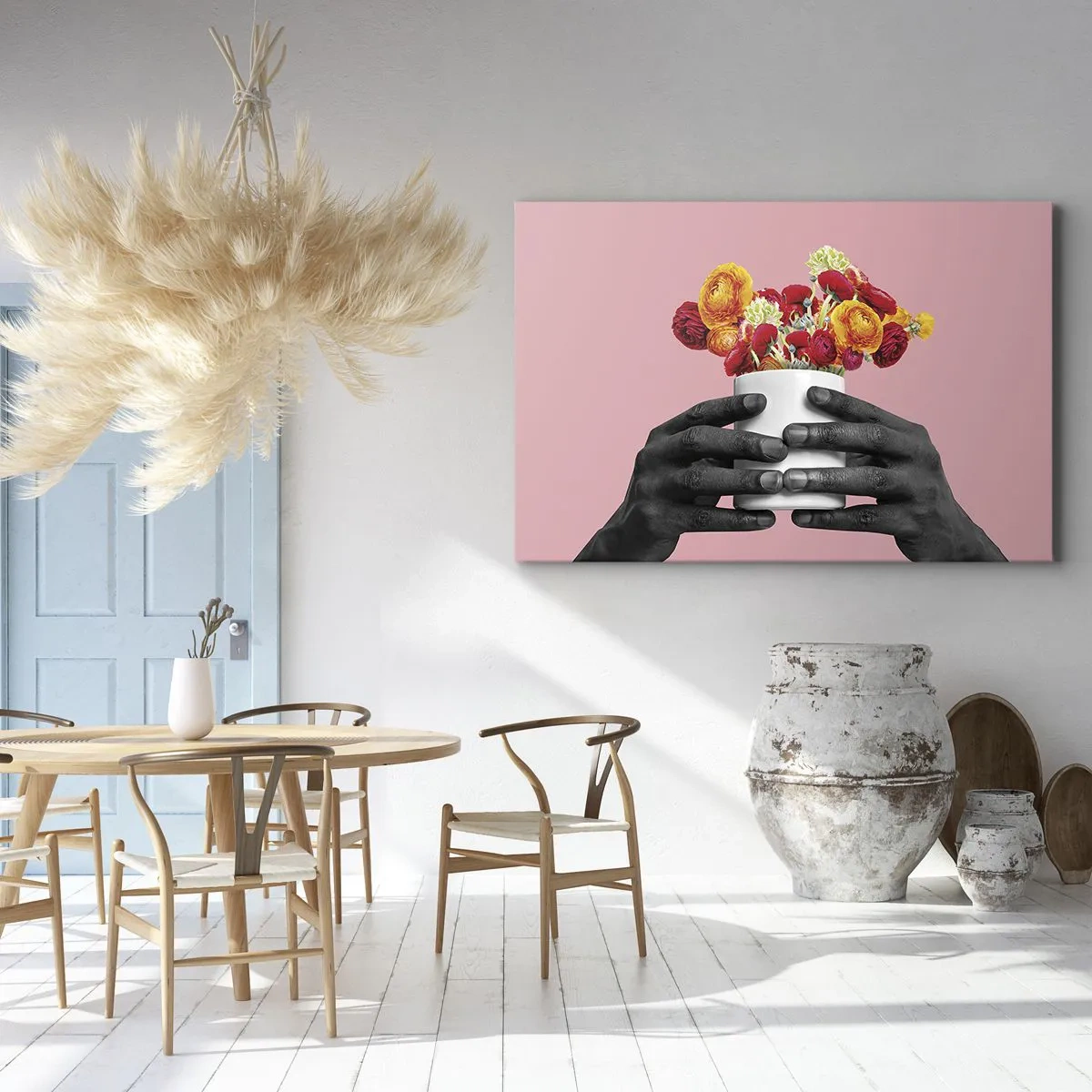 Bild auf Leinwand - Leinwandbild - Hände halten einen Strauß bunter Blumen - 70x50cm - Die Apotheose des Lebens - Moderne Wanddekoration für Wohnzimmer und Schlafzimmer ARTTOR