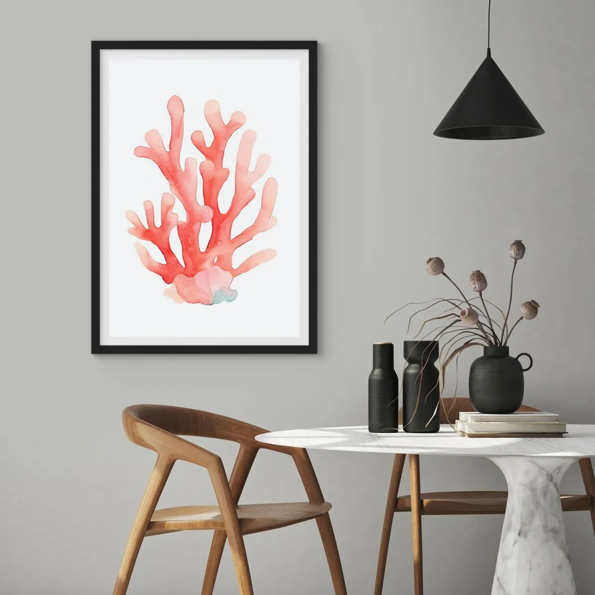 Poster in einem schwarzem Rahmen - Aquarell-Illustration von roten Korallen auf weißem Hintergrund - 50x70cm - Korallenfarbene Koralle - Moderne Wanddekoration für Wohnzimmer und Schlafzimmer ARTTOR