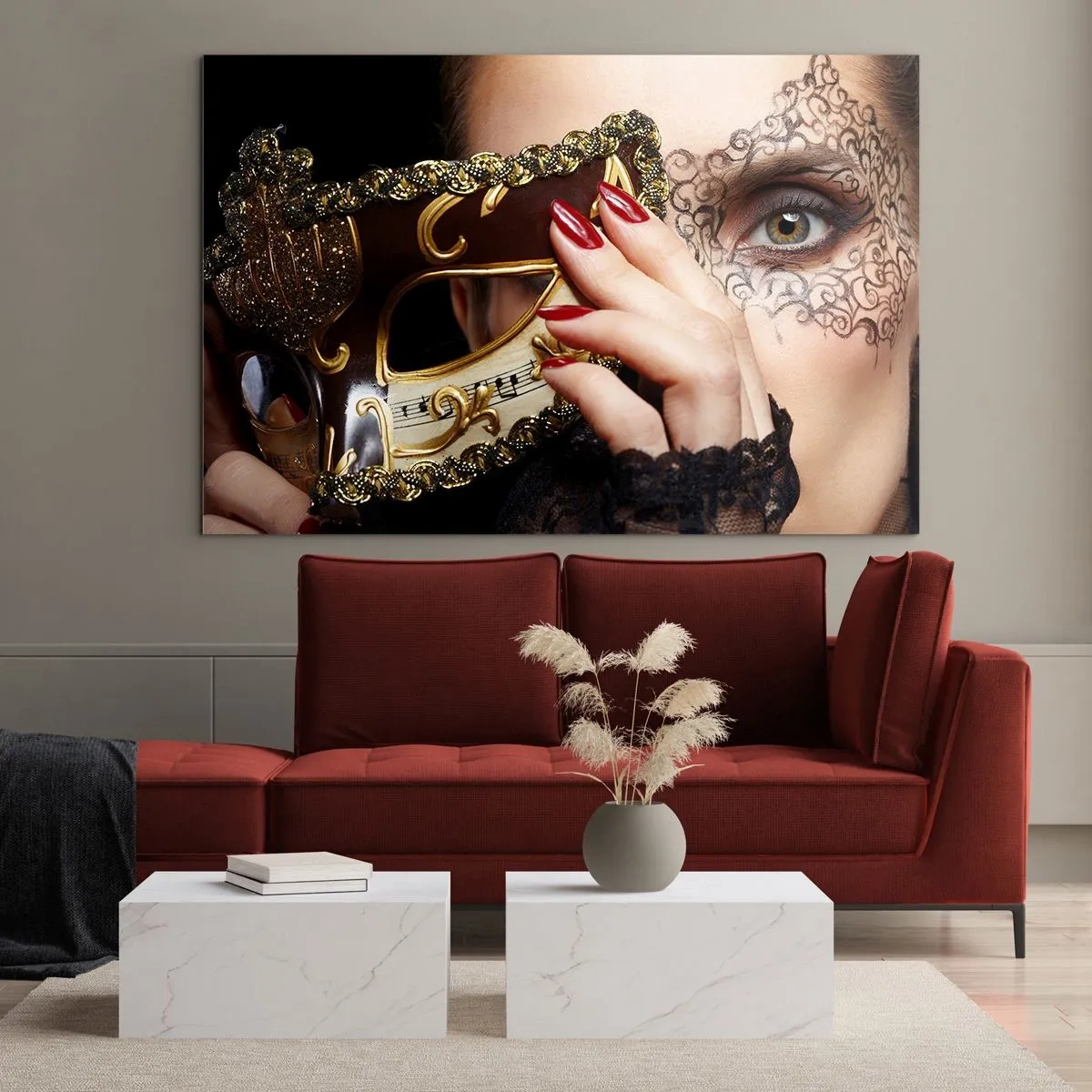 Glasbild - Bild auf glas - Eine goldene venezianische Maske auf dem Gesicht einer Frau - 70x50cm - Meine Welt ist barock - Moderne Wanddekoration für Wohnzimmer und Schlafzimmer ARTTOR