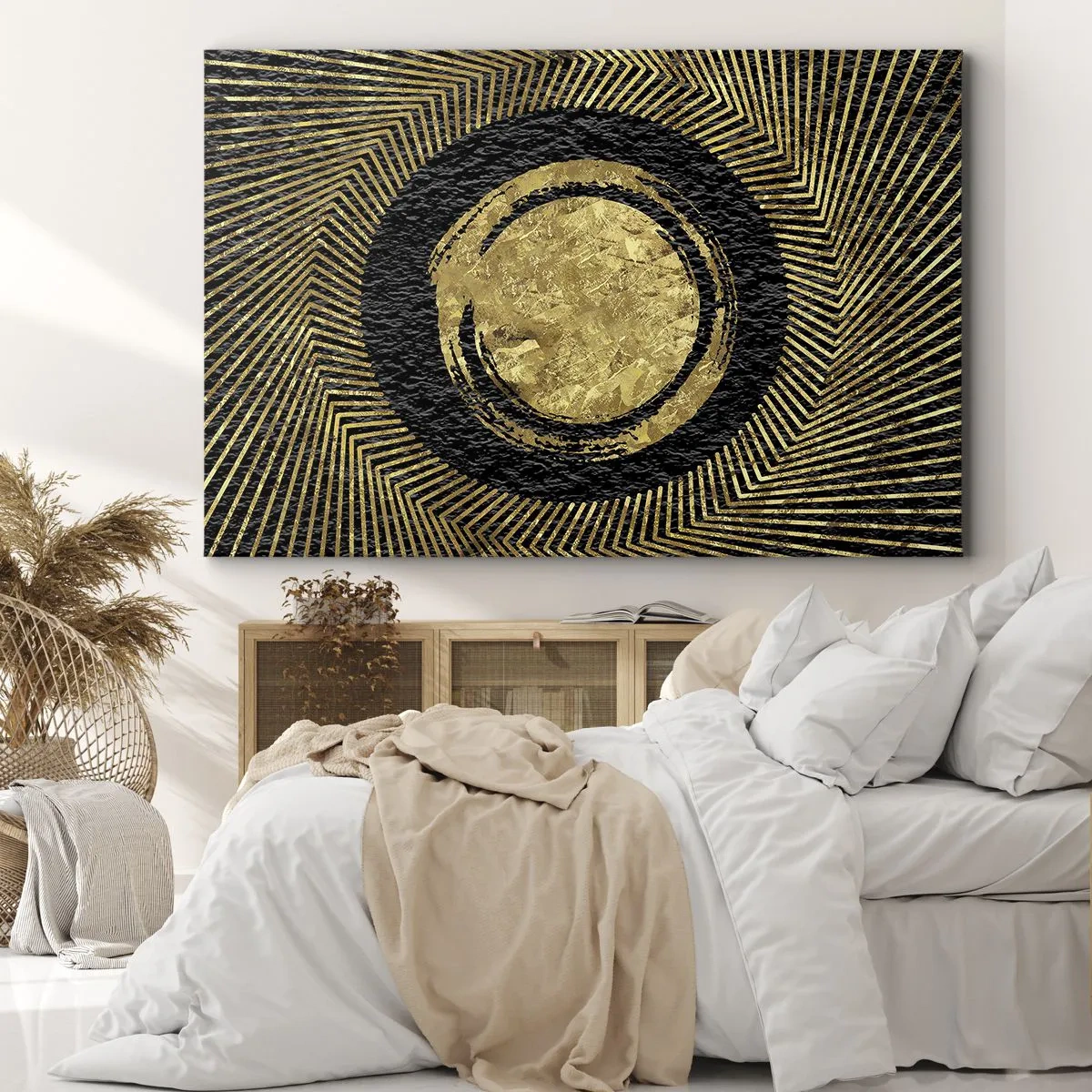 Bild auf Leinwand - Leinwandbild - Geometrische Komposition in Schwarz und Gold mit Strahlen - 70x50cm - Glamour-Komposition - Moderne Wanddekoration für Wohnzimmer und Schlafzimmer ARTTOR