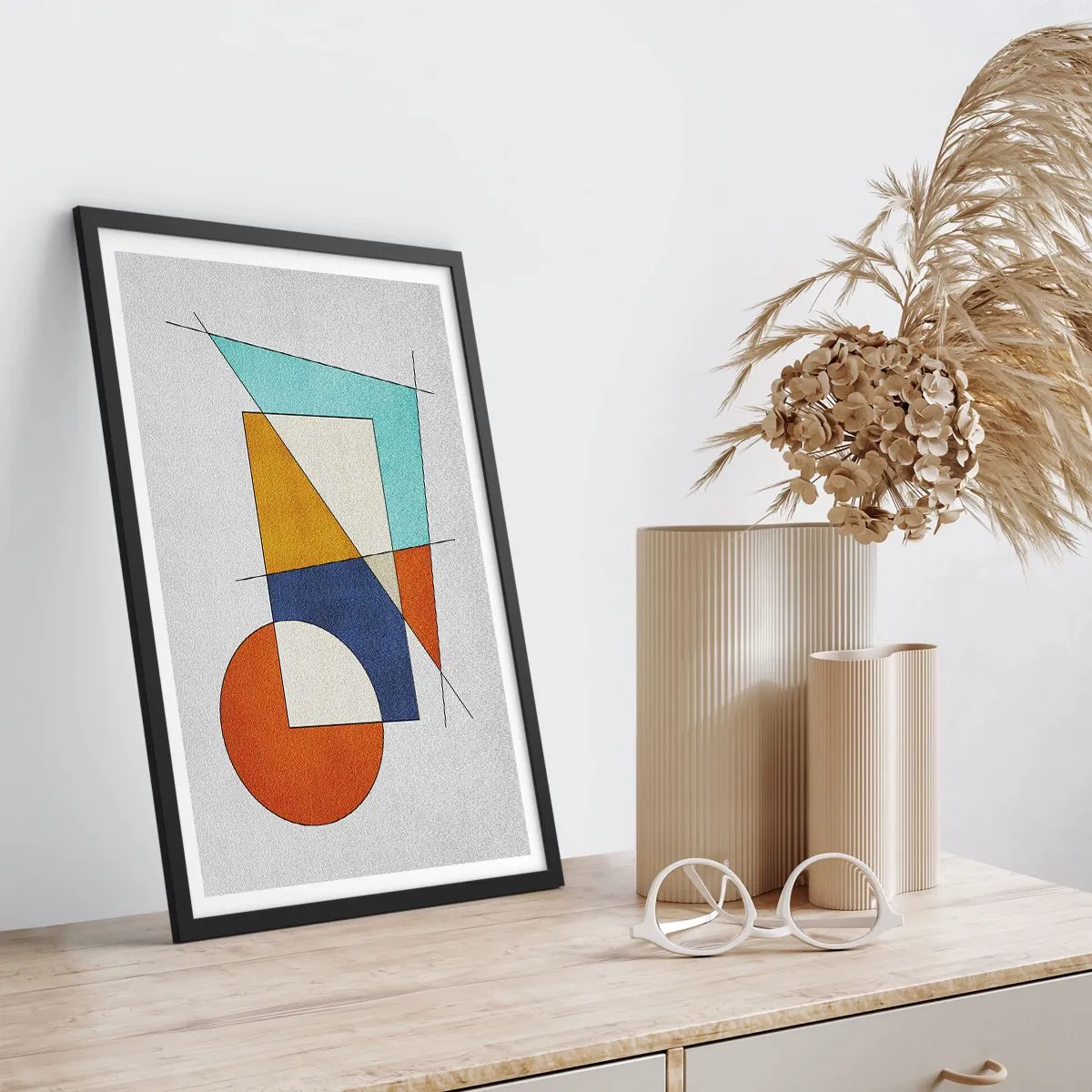 Poster in einem schwarzem Rahmen - Geometrische Abstraktion mit bunten Figuren und Linien - 50x70cm - Abstraktion: modernistisches Spiel - Moderne Wanddekoration für Wohnzimmer und Schlafzimmer ARTTOR