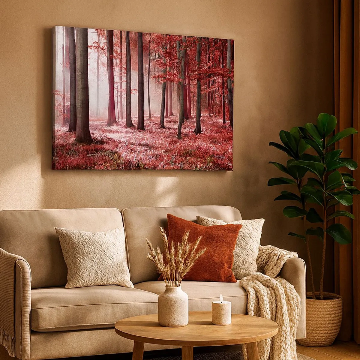 Bild auf Leinwand - Leinwandbild - Ein atemberaubender Wald in roten Farbtönen mit Lichtstrahlen, die durch die Bäume dringen - 70x50cm - Rot ist genauso schön - Moderne Wanddekoration für Wohnzimmer und Schlafzimmer ARTTOR