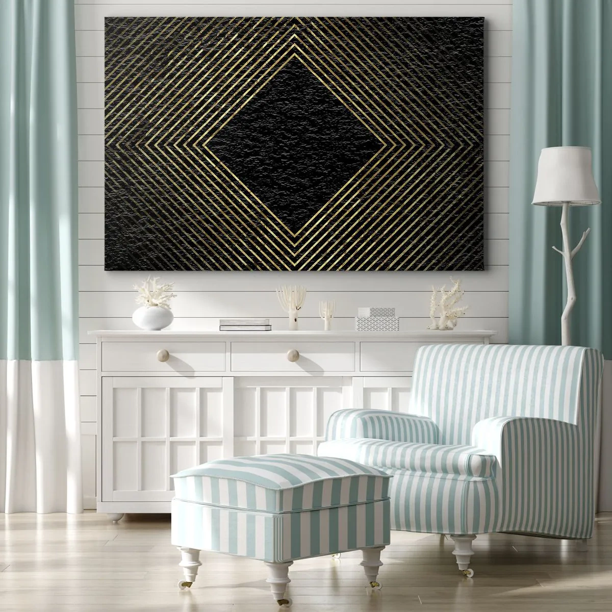 Bild auf Leinwand - Leinwandbild - Schwarzer Hintergrund mit einem geometrischen Muster aus goldenen Linien - 70x50cm - Geometrie im glamourösen Stil - Moderne Wanddekoration für Wohnzimmer und Schlafzimmer ARTTOR