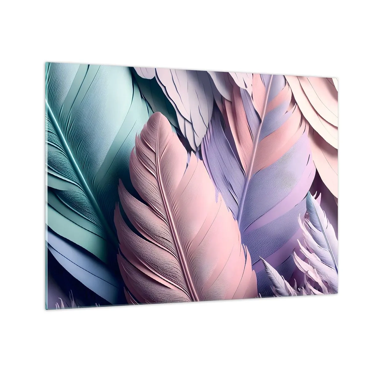 Glasbild - Bild auf glas - Pastellfarbene Federn in Rosa-, Lila- und Türkistönen - 70x50cm - Vogel-Chic - Moderne Wanddekoration für Wohnzimmer und Schlafzimmer ARTTOR
