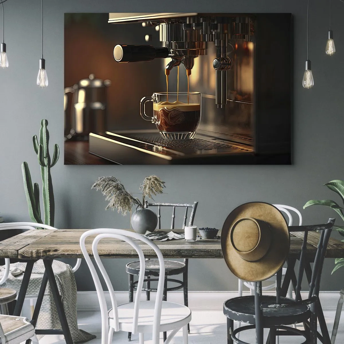 Bild auf Leinwand - Leinwandbild - Kaffeemaschine mit einer Tasse aromatischem Espresso - 70x50cm - Sinnliche Mischung - Moderne Wanddekoration für Wohnzimmer und Schlafzimmer ARTTOR