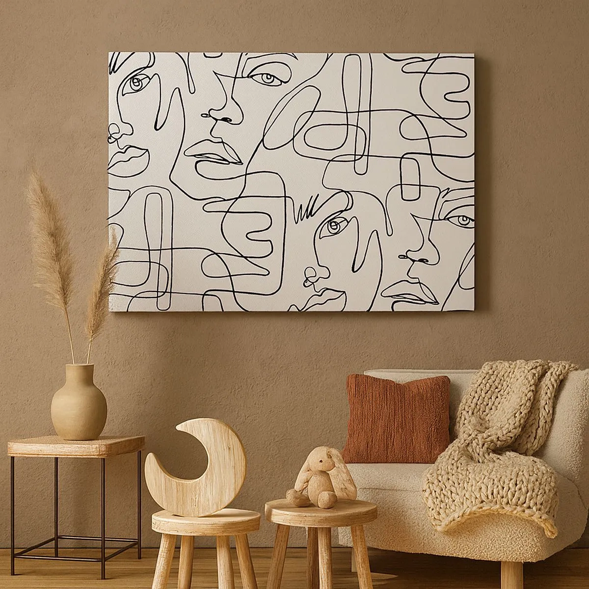 Bild auf Leinwand - Leinwandbild - Eine minimalistische Zeichnung eines Gesichts mit Linien auf hellem Hintergrund. - 70x50cm - In verworrenen Gefühlen - Moderne Wanddekoration für Wohnzimmer und Schlafzimmer ARTTOR
