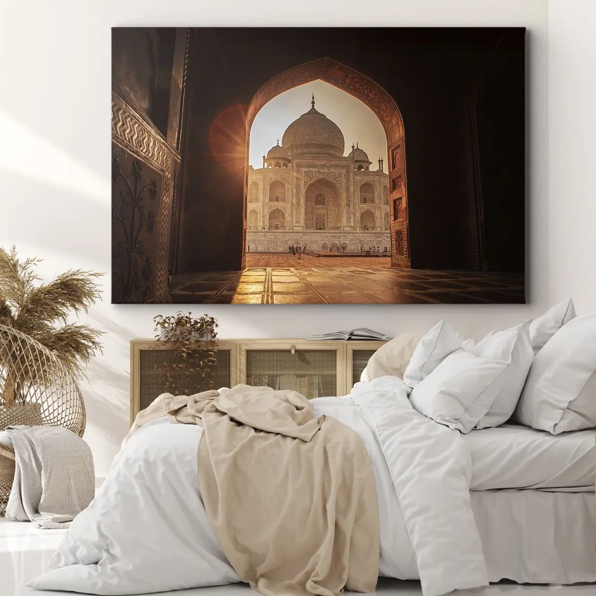 Bild auf Leinwand - Leinwandbild - Taj Mahal im Sonnenlicht vom Torbogen aus gesehen - 70x50cm - Denkmal der überirdischen Liebe - Moderne Wanddekoration für Wohnzimmer und Schlafzimmer ARTTOR