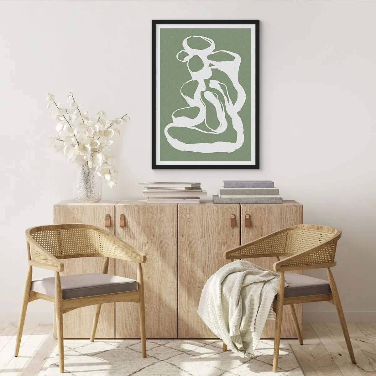 Poster in einem schwarzem Rahmen - Abstrakte weiße Komposition auf grünem Hintergrund - 50x70cm - Ruf des Weltraums - Moderne Wanddekoration für Wohnzimmer und Schlafzimmer ARTTOR