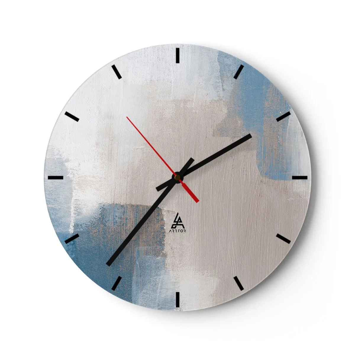 Wanduhr - Glasuhr - Moderne Abstraktion in Beige, Blau und Grau - 30x30cm - Rosa Abstraktion hinter einem blauen Vorhang - Moderne Wanddekoration für Wohnzimmer, Küche und Schlafzimmer ARTTOR