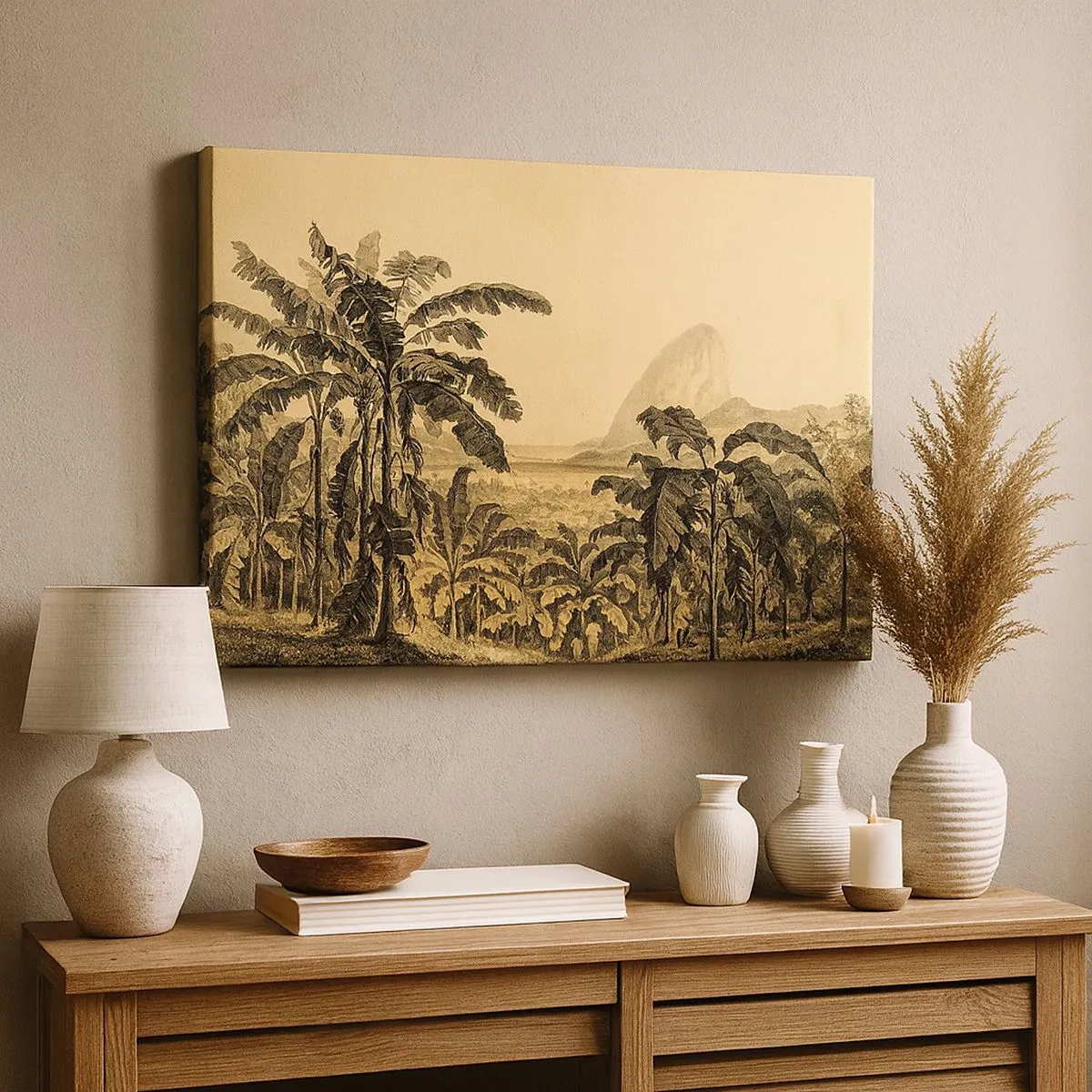 Bild auf Leinwand - Leinwandbild - Zeichnung von Bananenbäumen vor dem Hintergrund einer tropischen Landschaft - 70x50cm - in einem kolonialen Klima - Moderne Wanddekoration für Wohnzimmer und Schlafzimmer ARTTOR