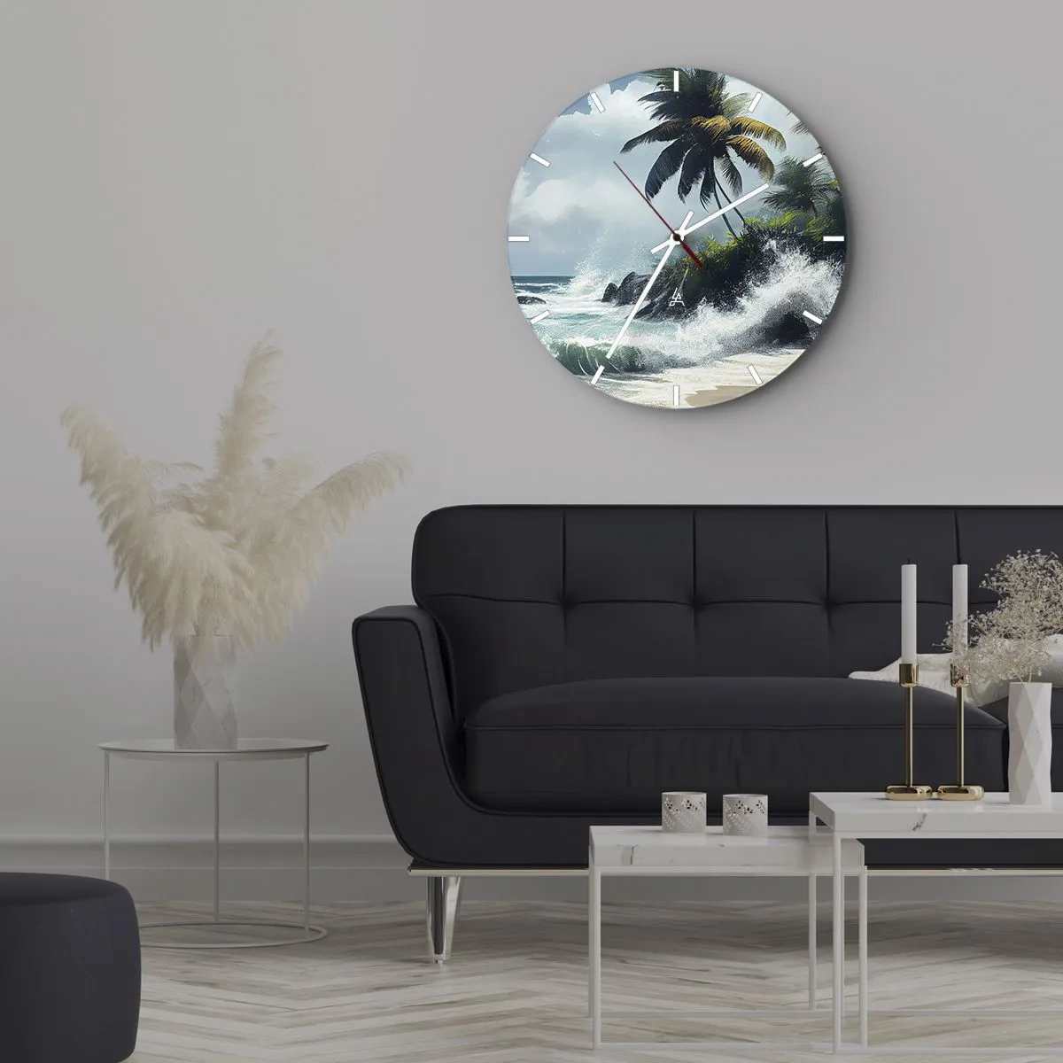 Wanduhr - Glasuhr - Tropischer Strand mit Palmen und tosenden Meereswellen - 30x30cm - Am tropischen Ufer - Moderne Wanddekoration für Wohnzimmer, Küche und Schlafzimmer ARTTOR