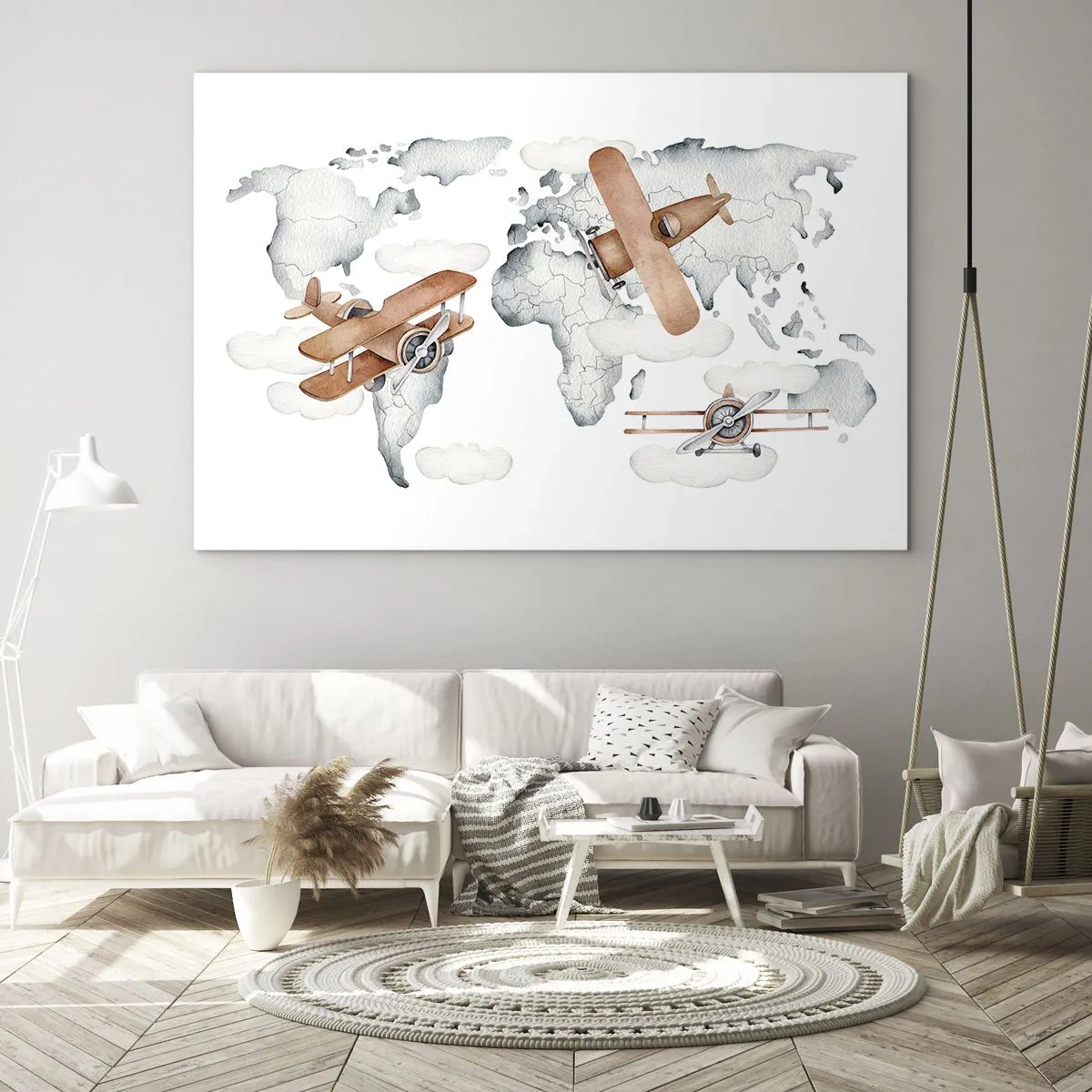 Glasbild - Bild auf glas - Retro Flugzeug Weltkarte für Kinder - 70x50cm - Im Pioniergeist - Moderne Wanddekoration für Wohnzimmer und Schlafzimmer ARTTOR