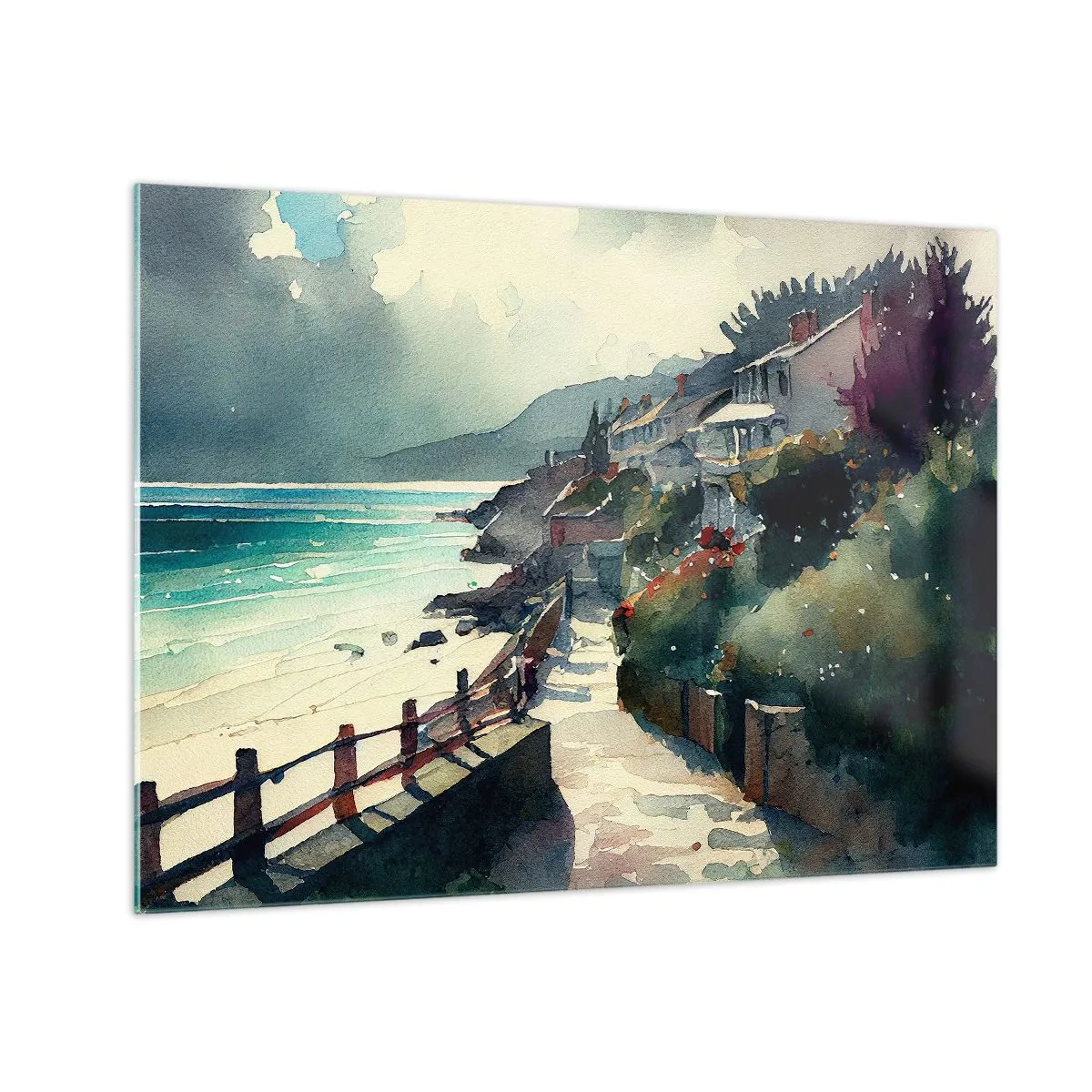 Glasbild - Bild auf glas - Eine Strandpromenade mit bunten Häusern und Wasser - 70x50cm - Mittelmeerstadt - Moderne Wanddekoration für Wohnzimmer und Schlafzimmer ARTTOR