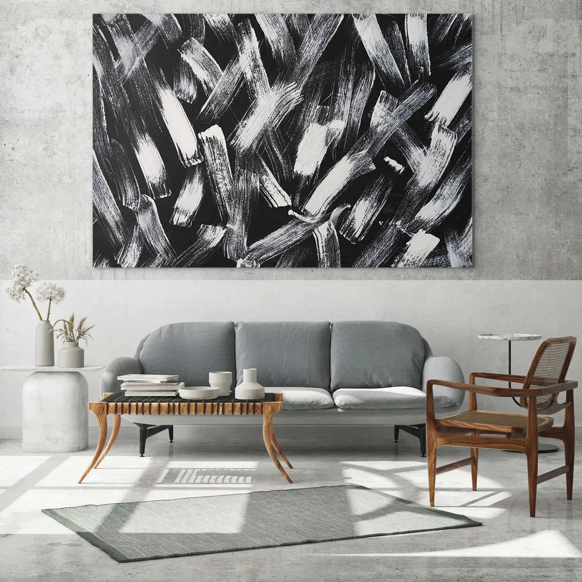 Glasbild - Bild auf glas - Schwarz-weiße Abstraktion von Pinselstrichen auf dunklem Hintergrund - 70x50cm - Abstraktion im industriellen Geist - Moderne Wanddekoration für Wohnzimmer und Schlafzimmer ARTTOR