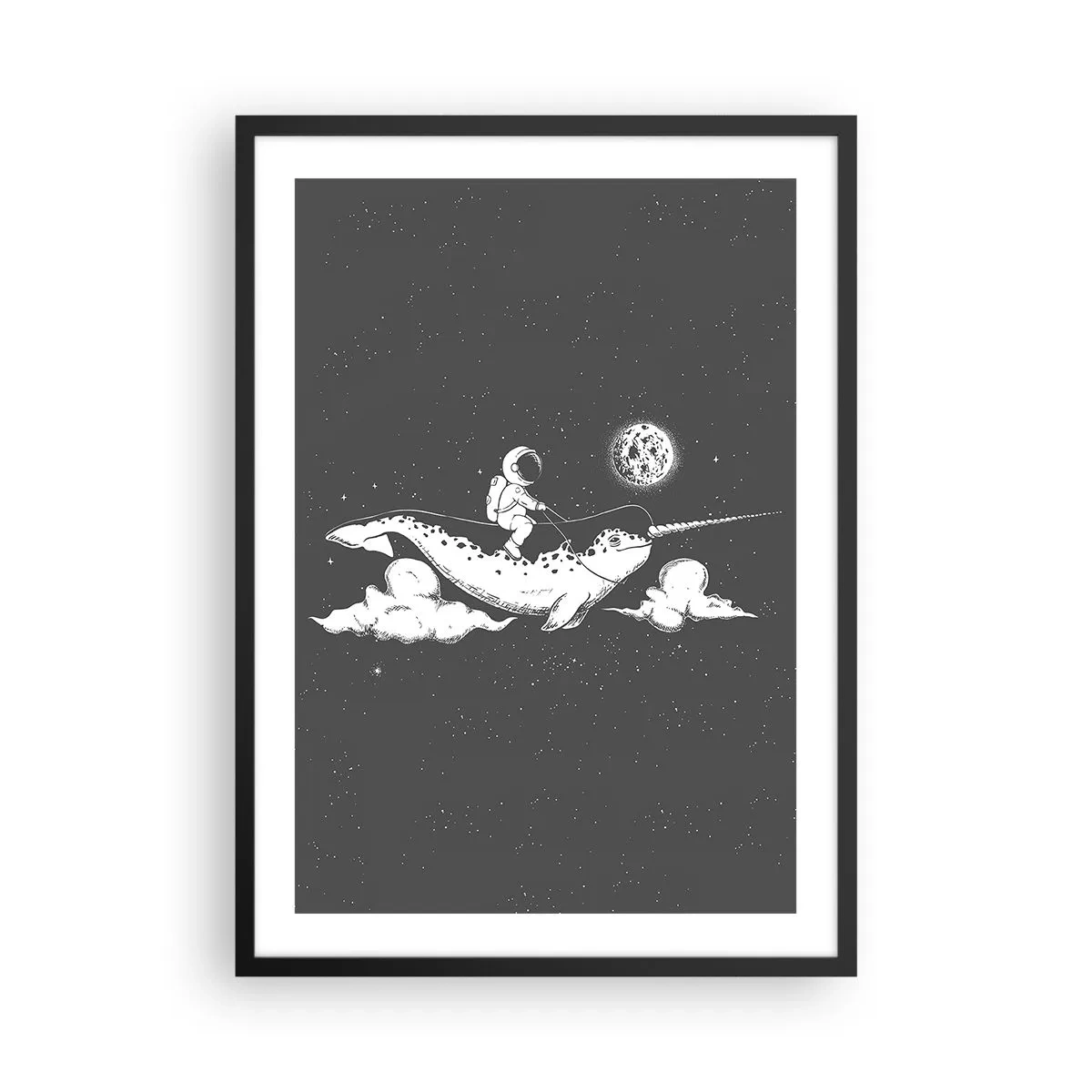 Poster in einem schwarzem Rahmen - Astronaut auf dem Rücken eines Narwals im Weltraum - 50x70cm - Weltraumreiter - Moderne Wanddekoration für Wohnzimmer und Schlafzimmer ARTTOR