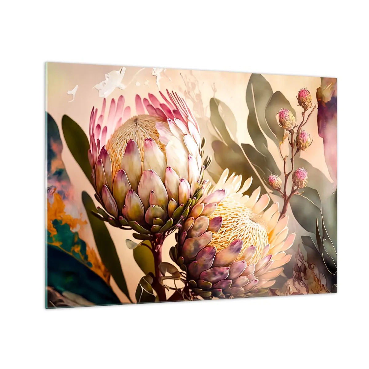 Glasbild - Bild auf glas - Protea-Blüten in warmen Tönen und sanftem Licht - 70x50cm - Zärtlich umarmt - Moderne Wanddekoration für Wohnzimmer und Schlafzimmer ARTTOR