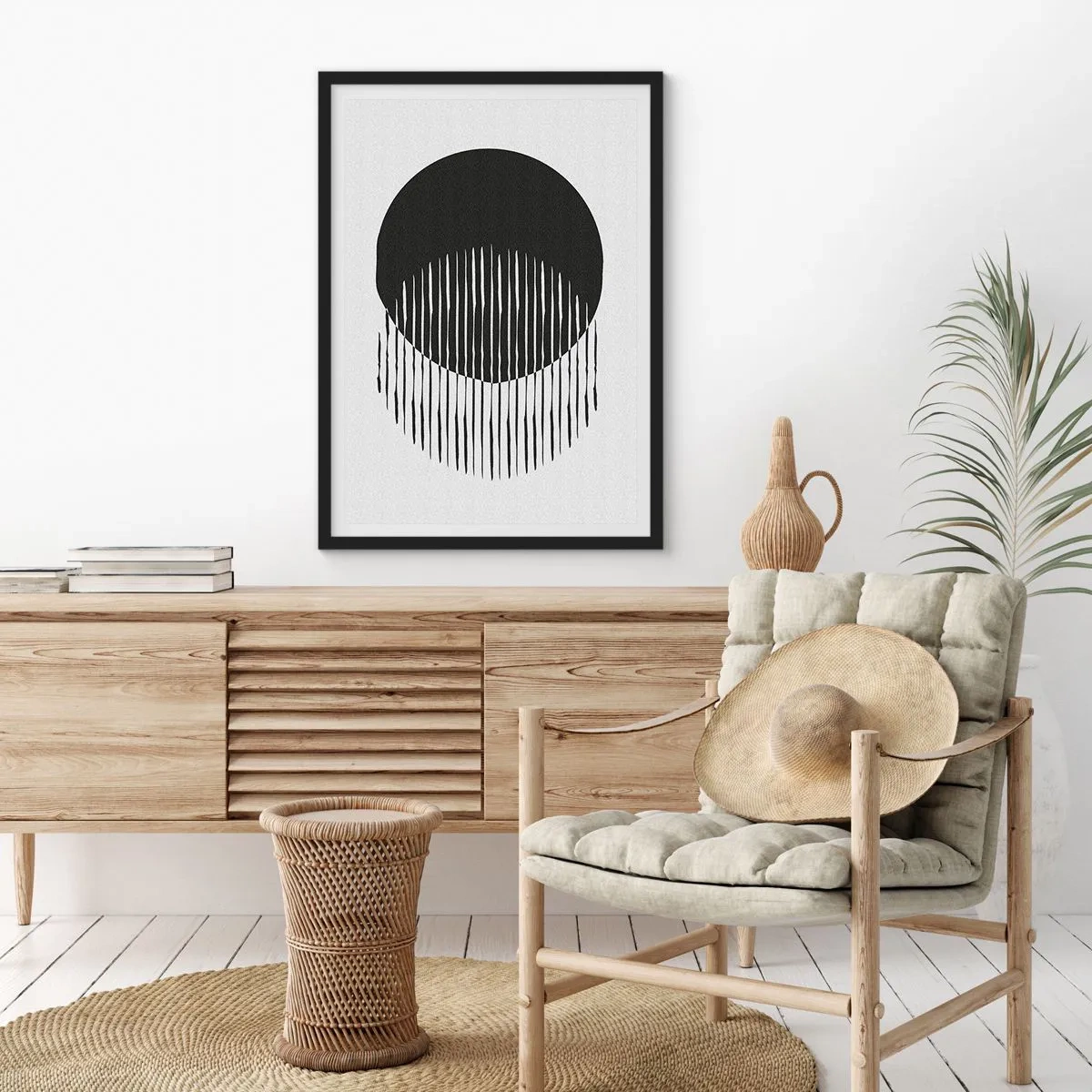 Poster in einem schwarzem Rahmen - Abstrakte Komposition aus einem schwarzen Kreis und vertikalen Linien - 50x70cm - Sein Alter Ego - Moderne Wanddekoration für Wohnzimmer und Schlafzimmer ARTTOR