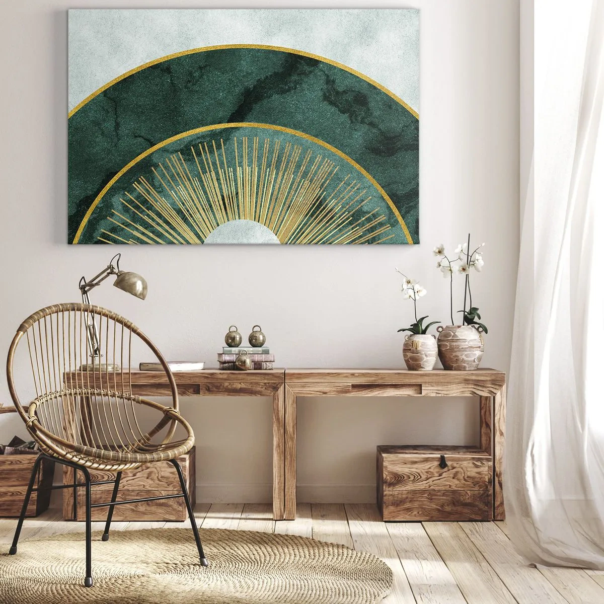 Bild auf Leinwand - Leinwandbild - Abstraktes Muster mit Kreisen in Smaragd- und Goldfarben. - 70x50cm - Anderes Sonnensystem - Moderne Wanddekoration für Wohnzimmer und Schlafzimmer ARTTOR