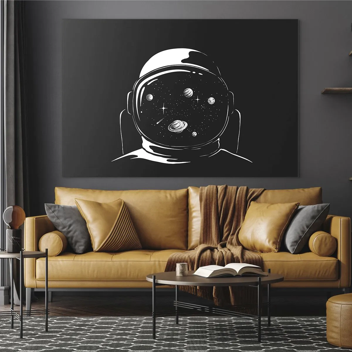 Glasbild - Bild auf glas - Astronaut mit Sternen und Planeten in seinem Helm auf schwarzem Hintergrund - 70x50cm - Schöne Aussicht - Moderne Wanddekoration für Wohnzimmer und Schlafzimmer ARTTOR