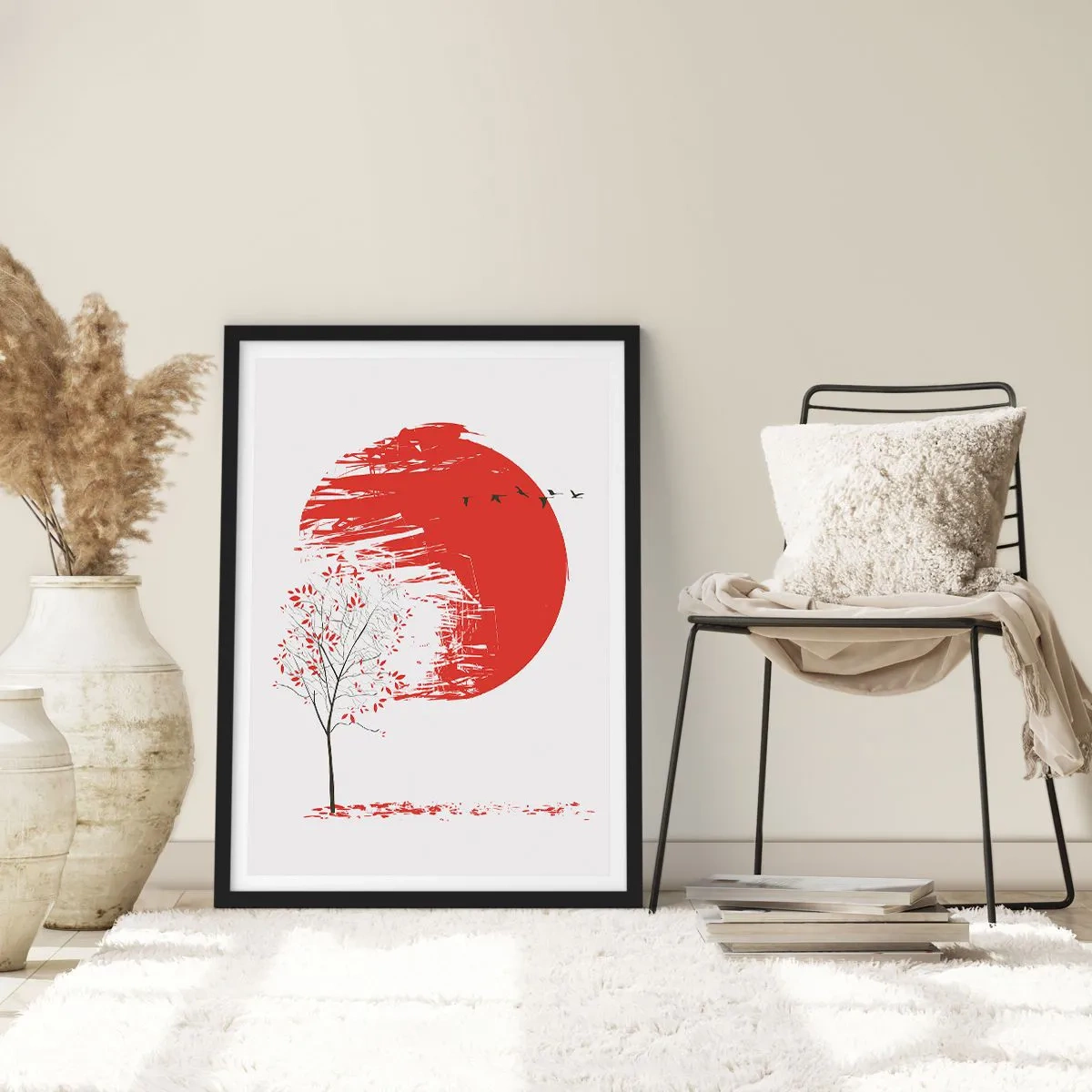 Poster in einem schwarzem Rahmen - Roter Kreis mit Baum und Vögeln im minimalistischen Stil - 50x70cm - Kennst du dieses Land? - Moderne Wanddekoration für Wohnzimmer und Schlafzimmer ARTTOR