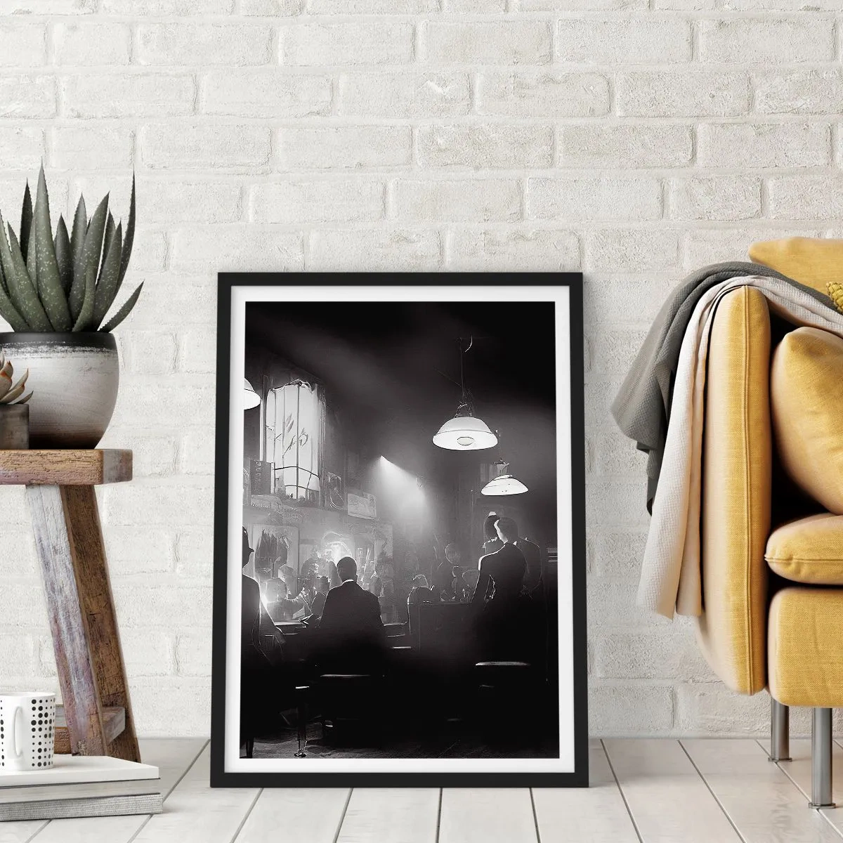 Poster in einem schwarzem Rahmen - Eine Schwarz-Weiß-Szene aus einem stimmungsvollen Jazz-Nachtclub - 50x70cm - In Jazz-Atmosphäre - Moderne Wanddekoration für Wohnzimmer und Schlafzimmer ARTTOR